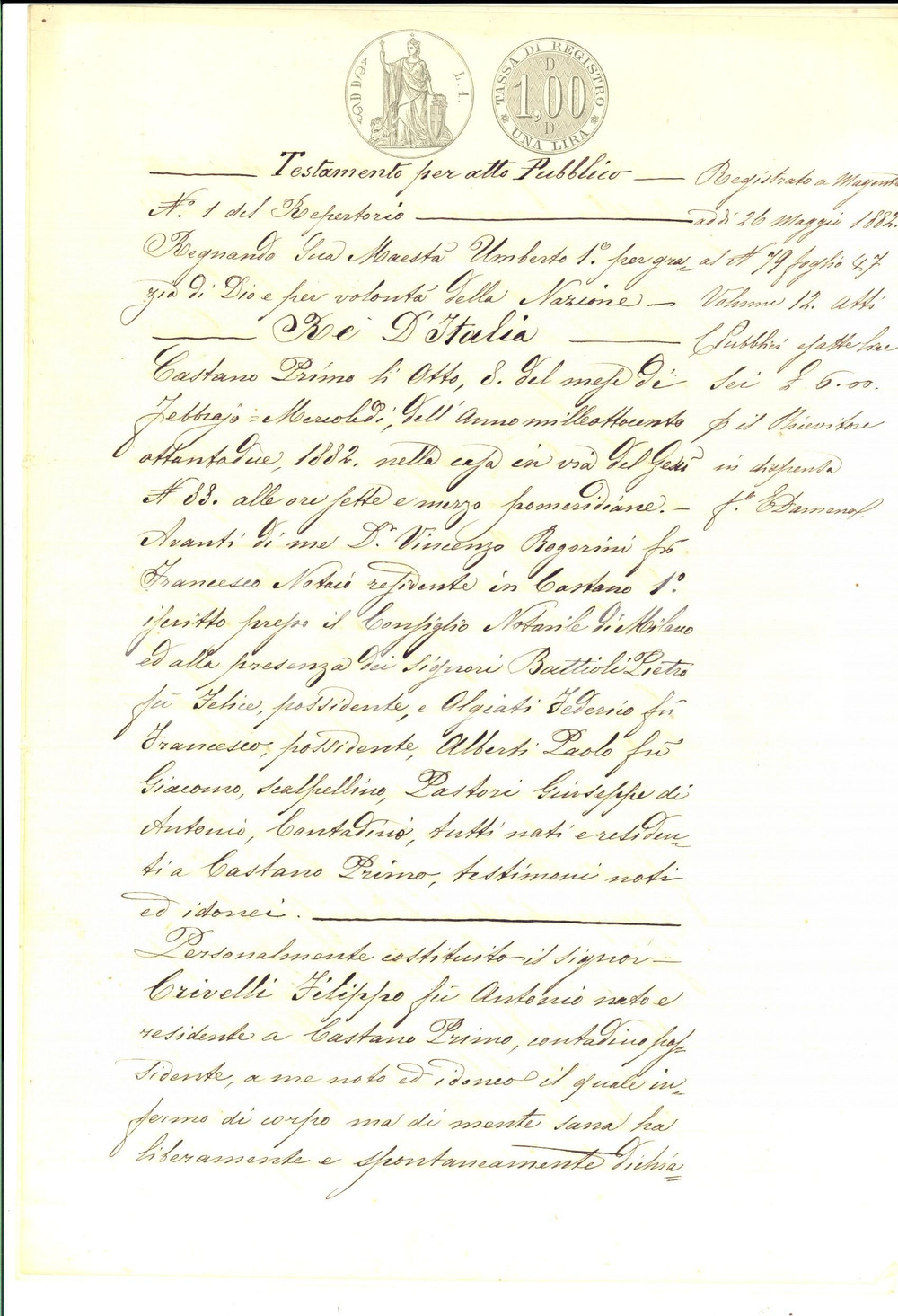 Documento originale, autentico 1882 CASTANO PRIMO MI Testamento di Filippo CRIVELLI pro moglie e fratelli 1
