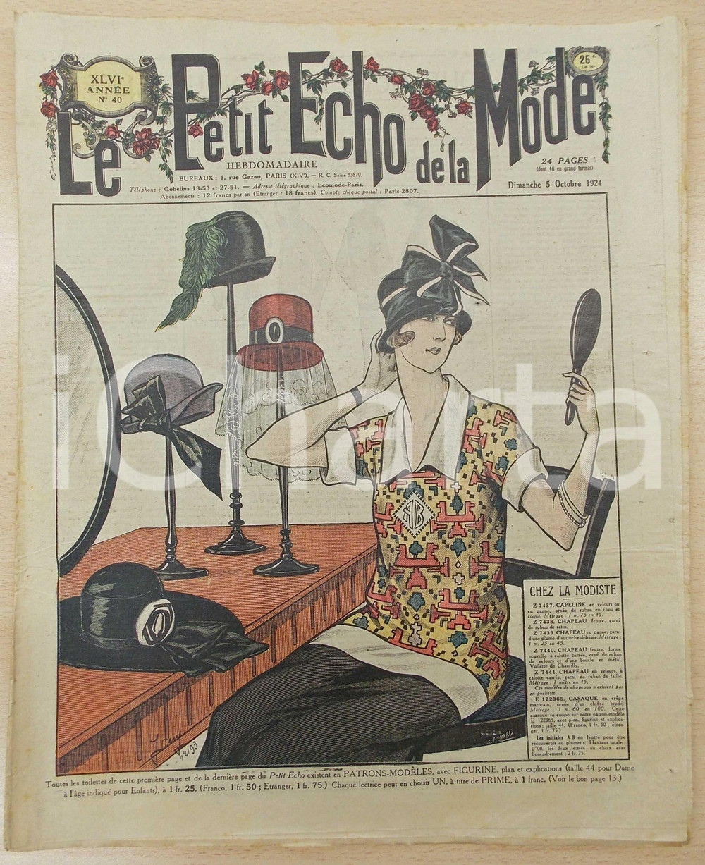 Giornale, rivista storica 1924 PETIT ECHO DE LA MODE Chapeaux chez la modiste Revue annÃ©e XLVI nÂ°40 1