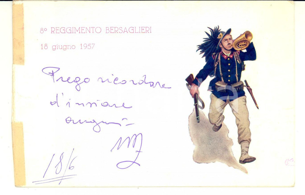 Oggetto da collezione cartaceo 1957 PORDENONE 8Â° Reggimento BERSAGLIERI Invito caserma MARTELLI DANNEGGIATO 1