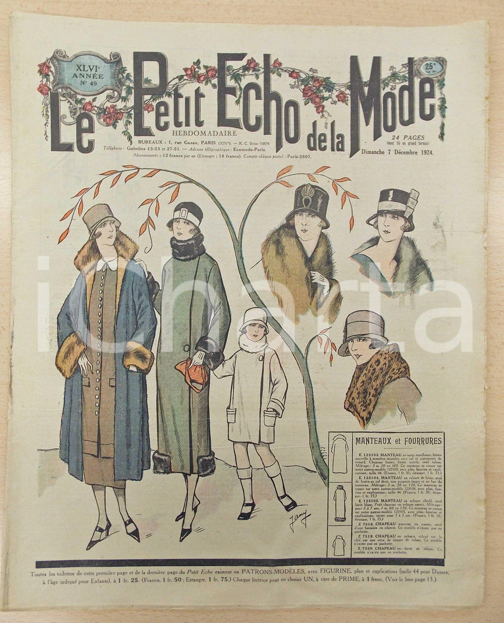 Giornale, rivista storica 1924 PETIT ECHO DE LA MODE Manteaux et fourrures Revue annÃ©e XLVI nÂ°49 1