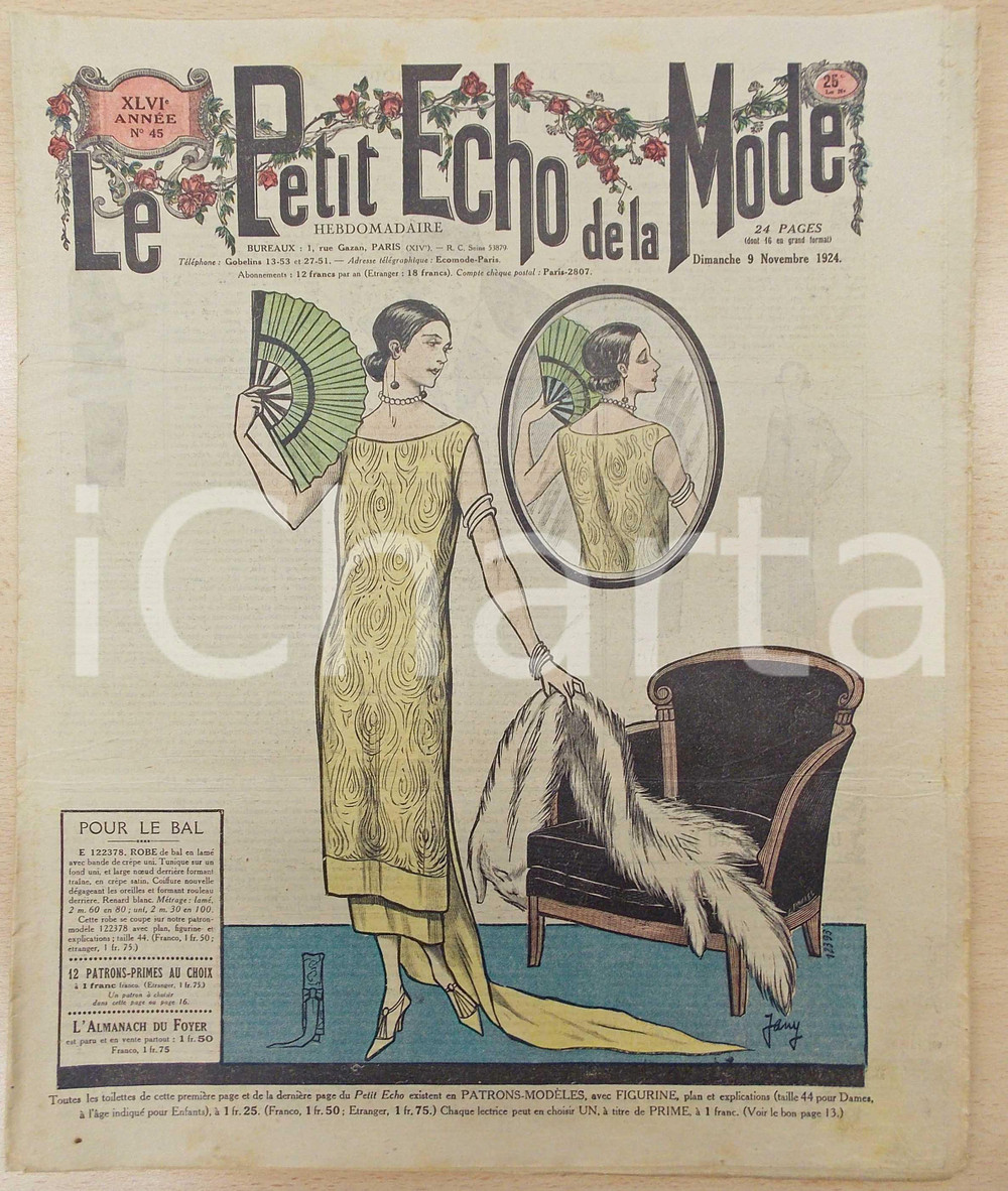Giornale, rivista storica 1924 PETIT ECHO DE LA MODE Robe et renard pour le bal Revue annÃ©e XLVI nÂ°45 1