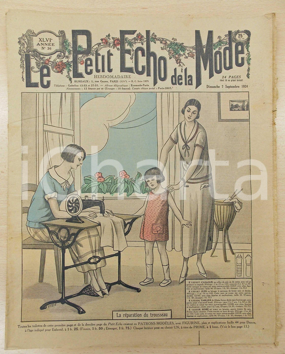 Giornale, rivista storica 1924 PETIT ECHO DE LA MODE RÃ©paration du trousseau Revue annÃ©e XLVI nÂ°36 1