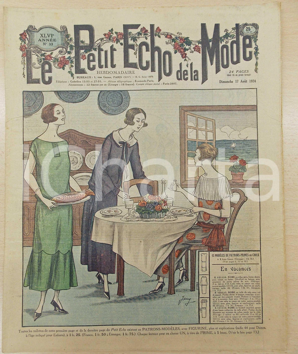 Giornale, rivista storica 1924 PETIT ECHO DE LA MODE Robes pour les vacances Revue annÃ©e XLVI nÂ°33 1
