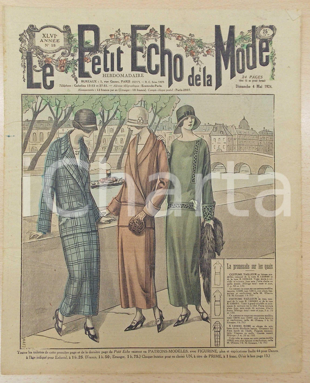 Giornale, rivista storica 1924 PETIT ECHO DE LA MODE Promenade sur les quais Revue annÃ©e XLVI nÂ°18 1