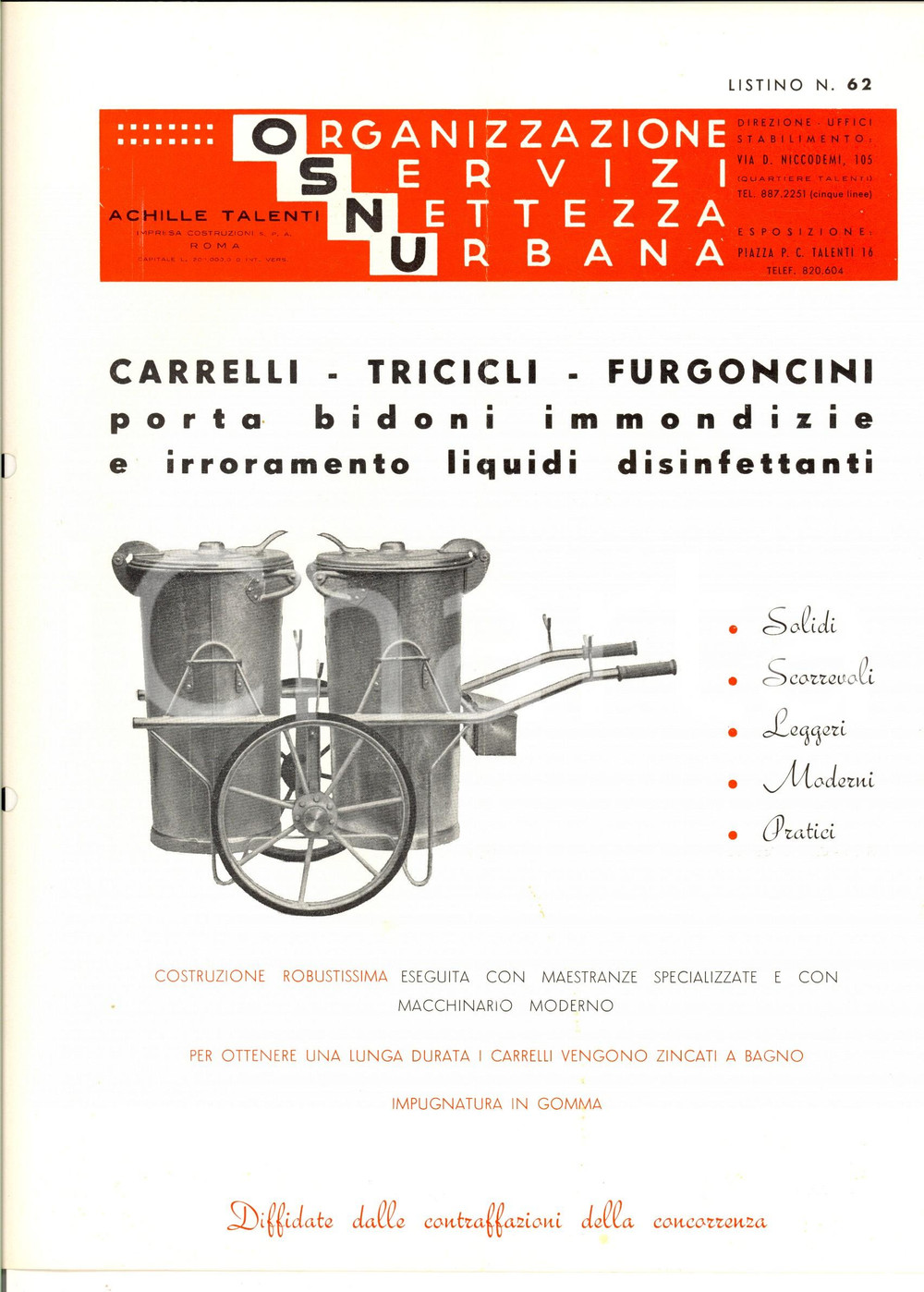 Materiale pubblicitario d’epoca 1964 ROMA Ditta Achille TALENTI Carrelli e furgoncini porta immondizie e liquidi 1