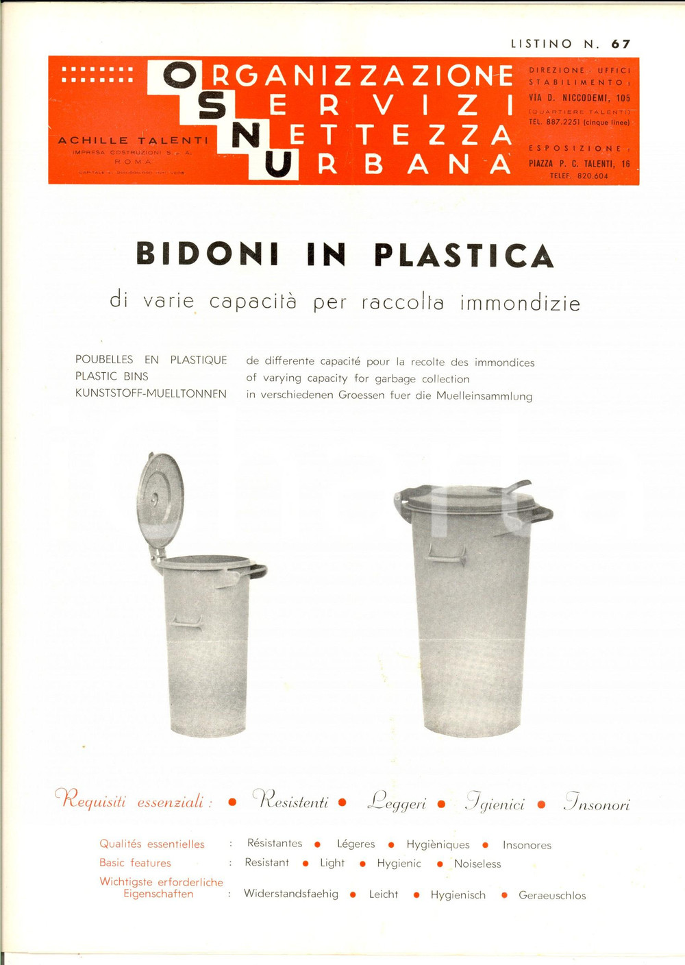 Materiale pubblicitario d’epoca 1964 ROMA Ditta Achille TALENTI Bidoni in plastica per immondizie PUBBLICITARIO 1
