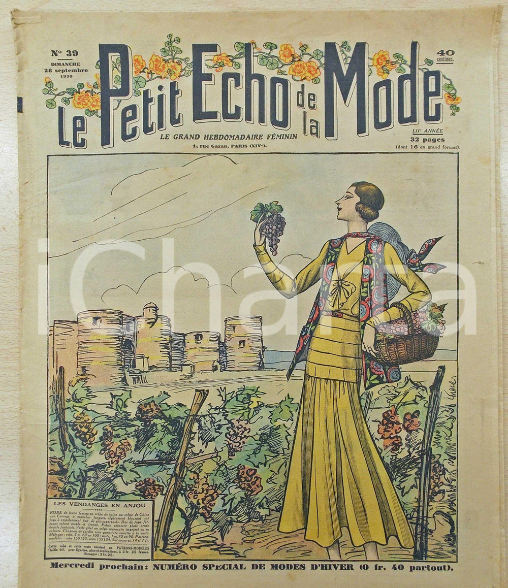 Giornale, rivista storica 1930 PETIT ECHO DE LA MODE Vendanges en Anjou Revue VINTAGE annÃ©e LII nÂ°39 1