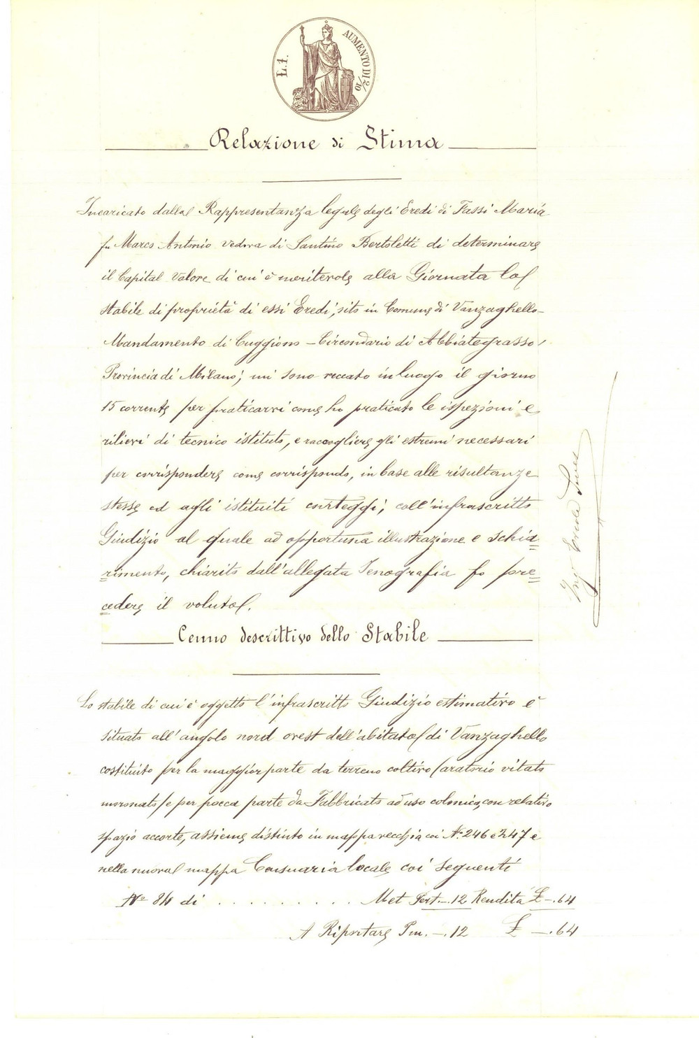 Documento originale, autentico 1894 VANZAGHELLO MI Stima di stabile rurale eredi Maria FASSI BERTOLETTI 1