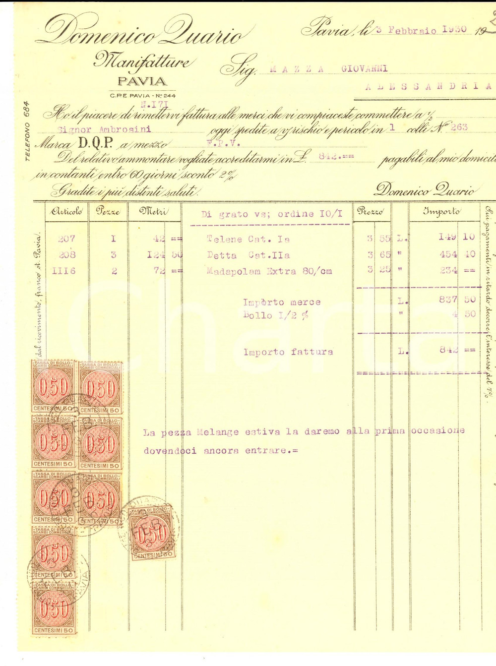 Documento originale, autentico 1930 PAVIA Manifatture Domenico QUARIO Fattura intestata per telerie 1