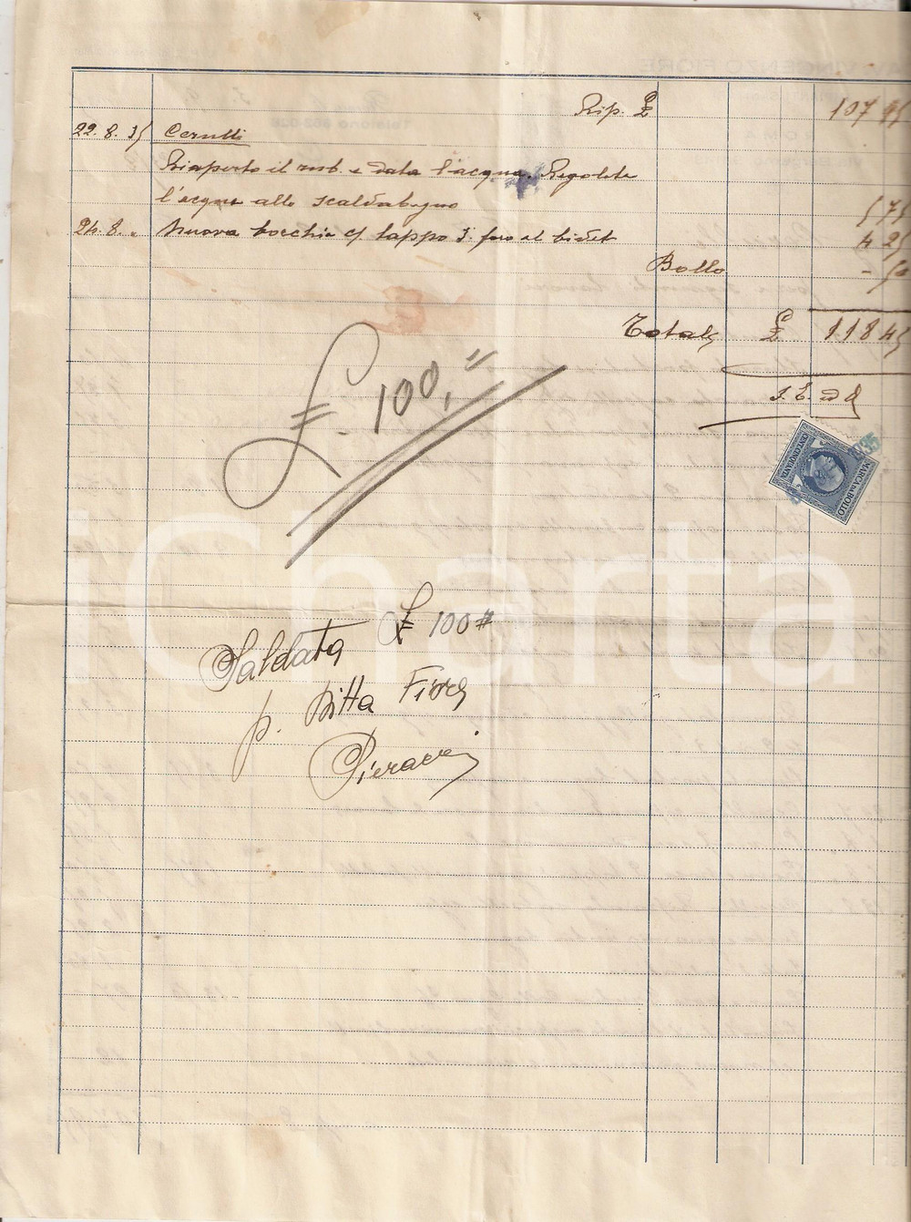 Documento originale, autentico 1935 ROMA Cav. Vincenzo FIORE impianti sanitari Conto per lavori 1