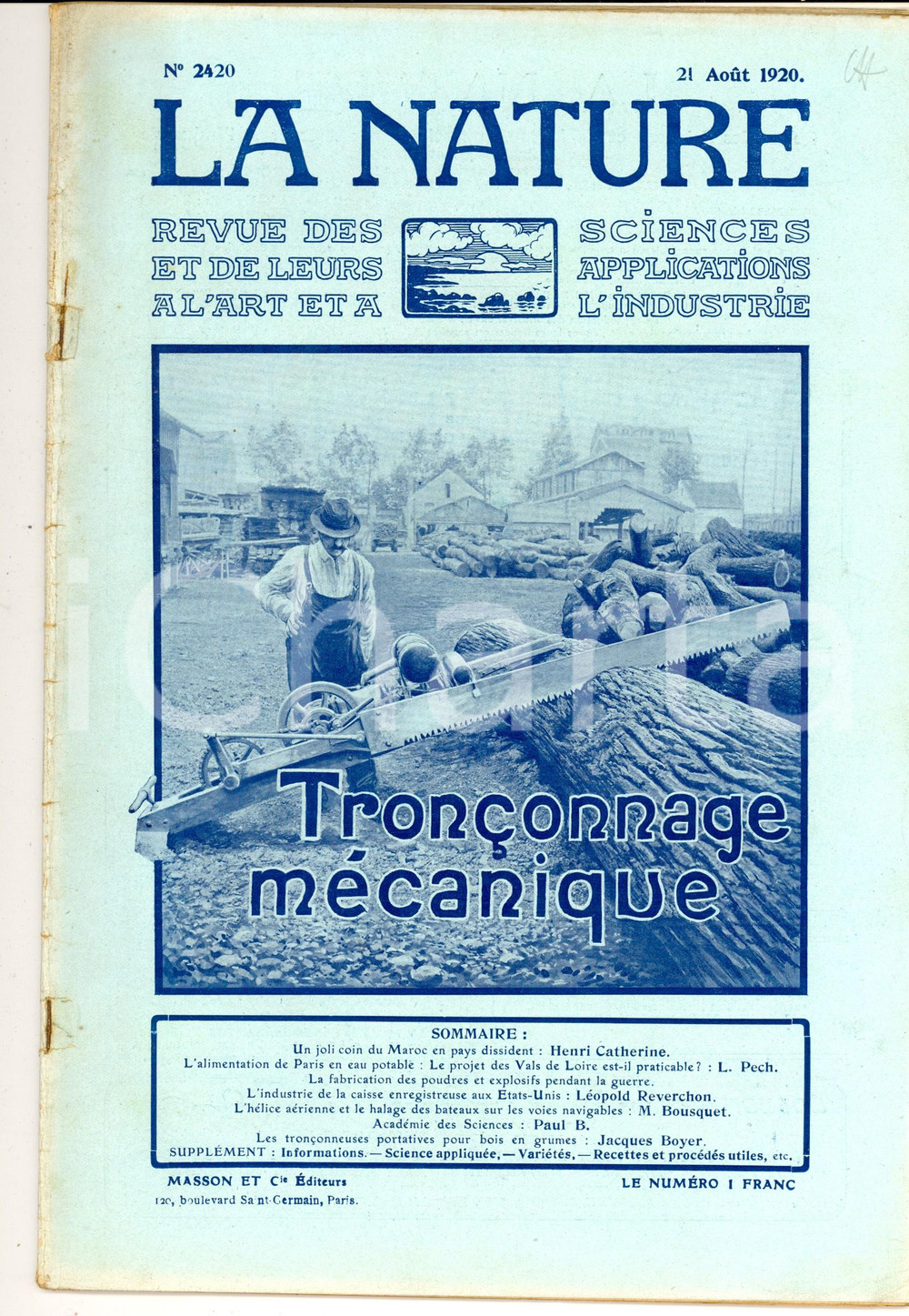 Giornale, rivista storica 1920 LA NATURE Tronçonnage mécanique Revue ILLUSTREE SCIENCE n° 2420 1