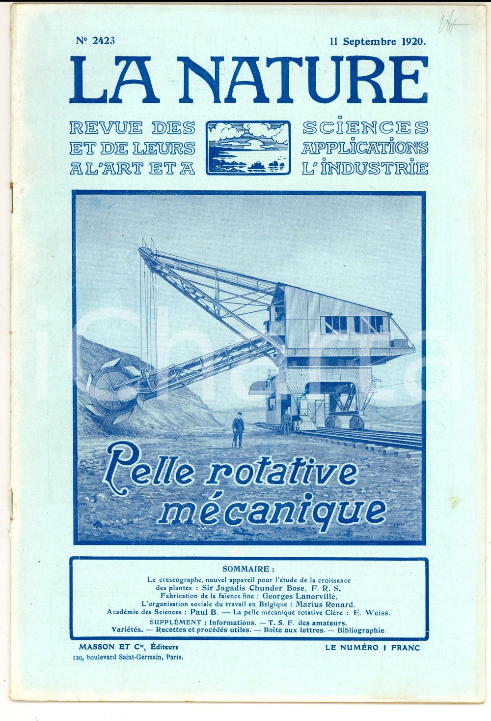 Giornale, rivista storica 1920 LA NATURE Pelle rotative mÃ©canique Revue ILLUSTREE SCIENCE nÂ° 2423 1
