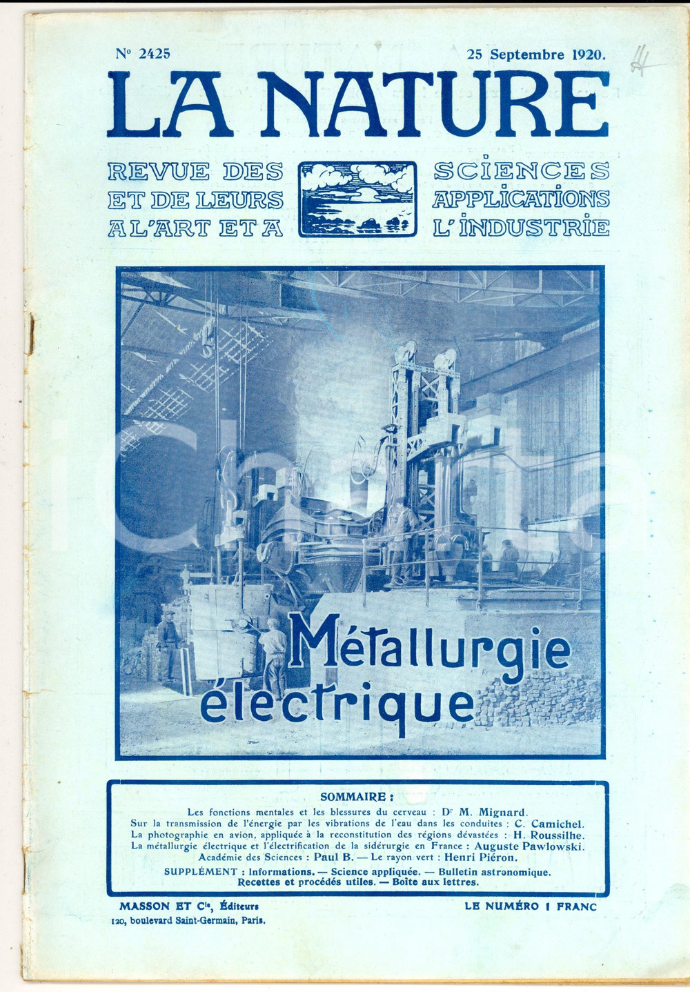 Giornale, rivista storica 1920 LA NATURE La mÃ©tallurgie Ã©lectrique Revue ILLUSTREE SCIENCE nÂ° 2425 1