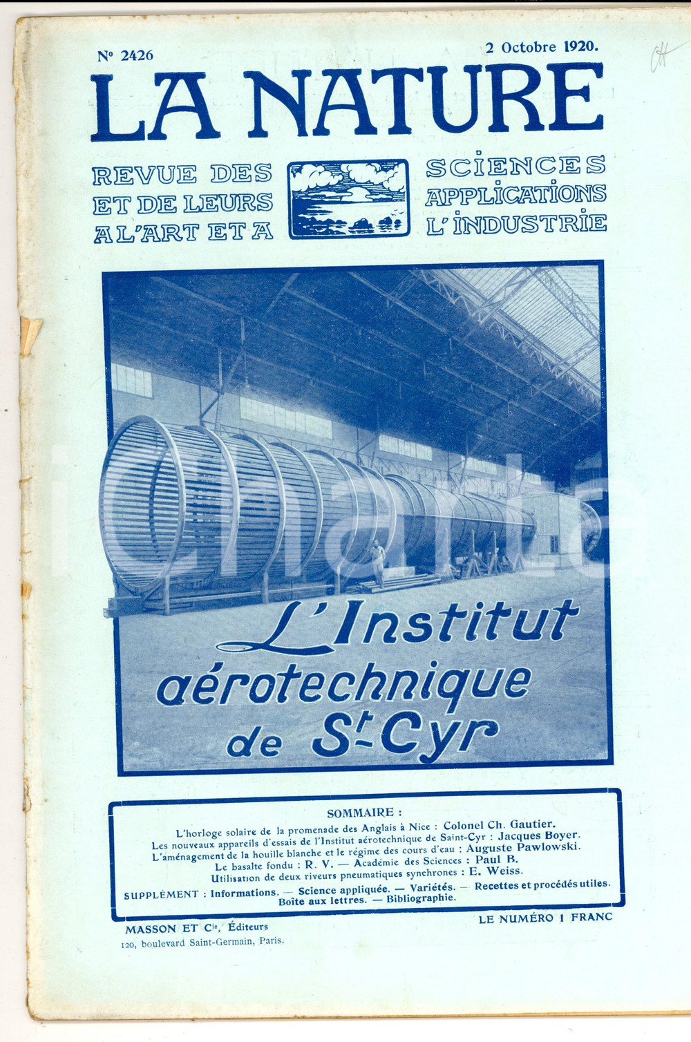 Giornale, rivista storica 1920 LA NATURE L Institut aÃ©rotechnique de SaintCyr Revue ILLUSTREE nÂ° 2426 1