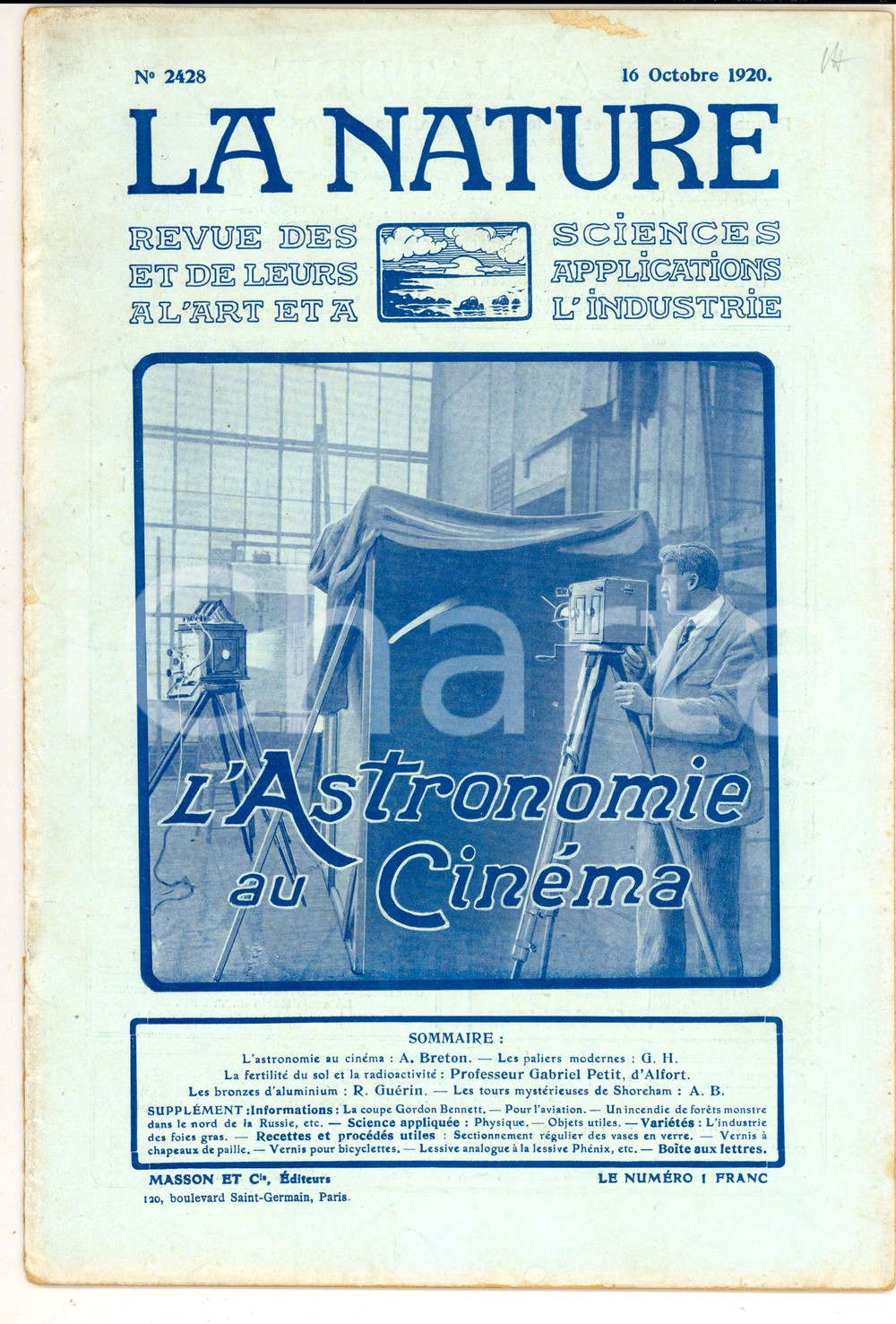 Giornale, rivista storica 1920 LA NATURE L astronomie au cinÃ©ma Revue ILLUSTREE SCIENCE nÂ° 2428 1