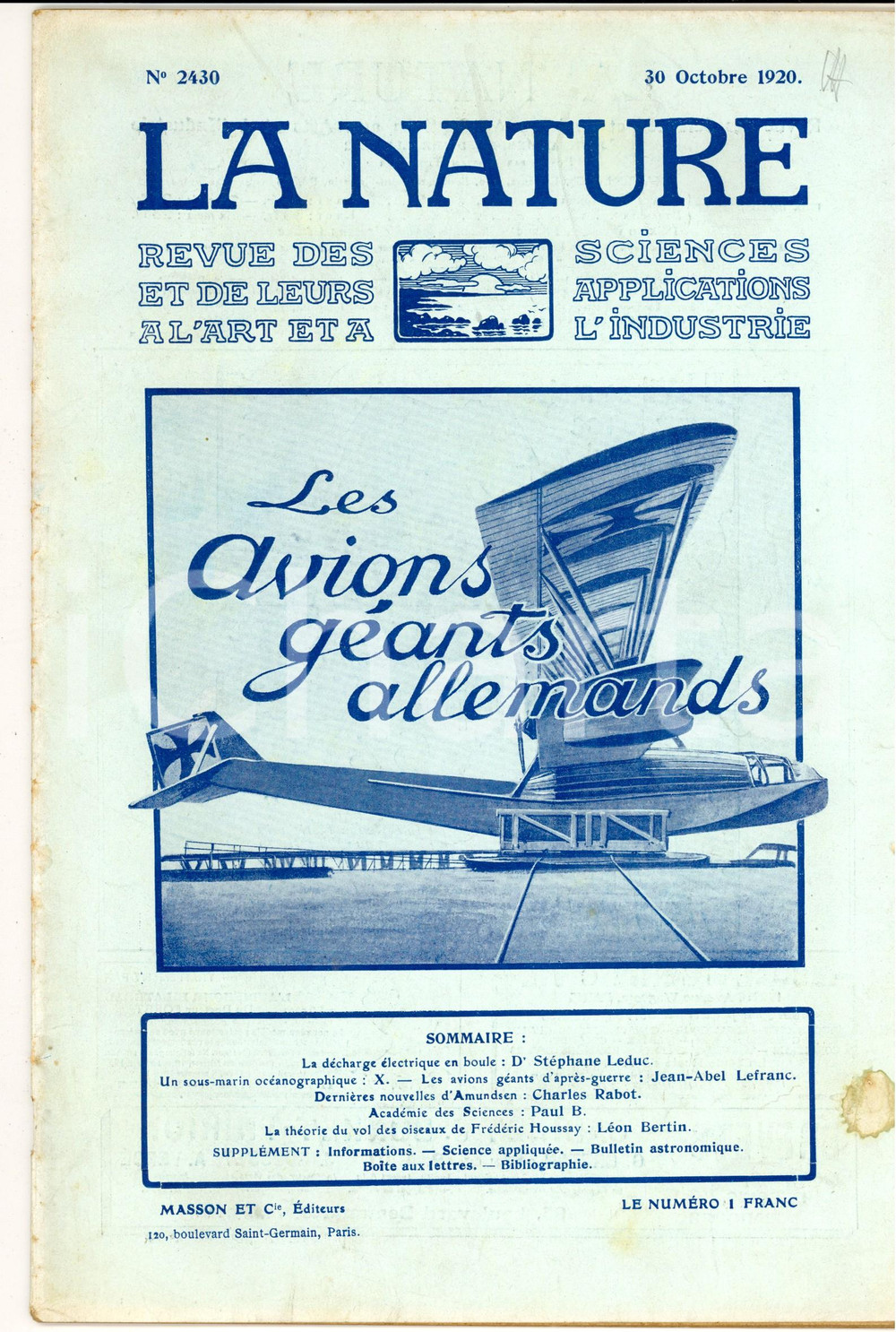 Giornale, rivista storica 1920 LA NATURE Les avions gÃ©ants allemands Revue ILLUSTREE SCIENCE nÂ° 2430 1