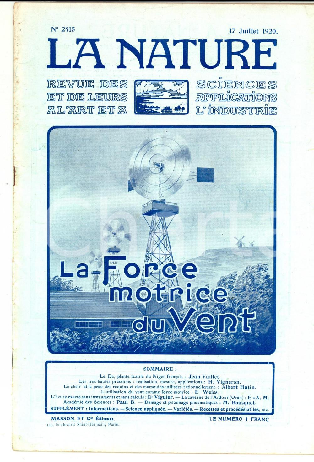 Giornale, rivista storica 1920 LA NATURE La force motrice du vent Revue ILLUSTREE SCIENCE nÂ° 2415 1