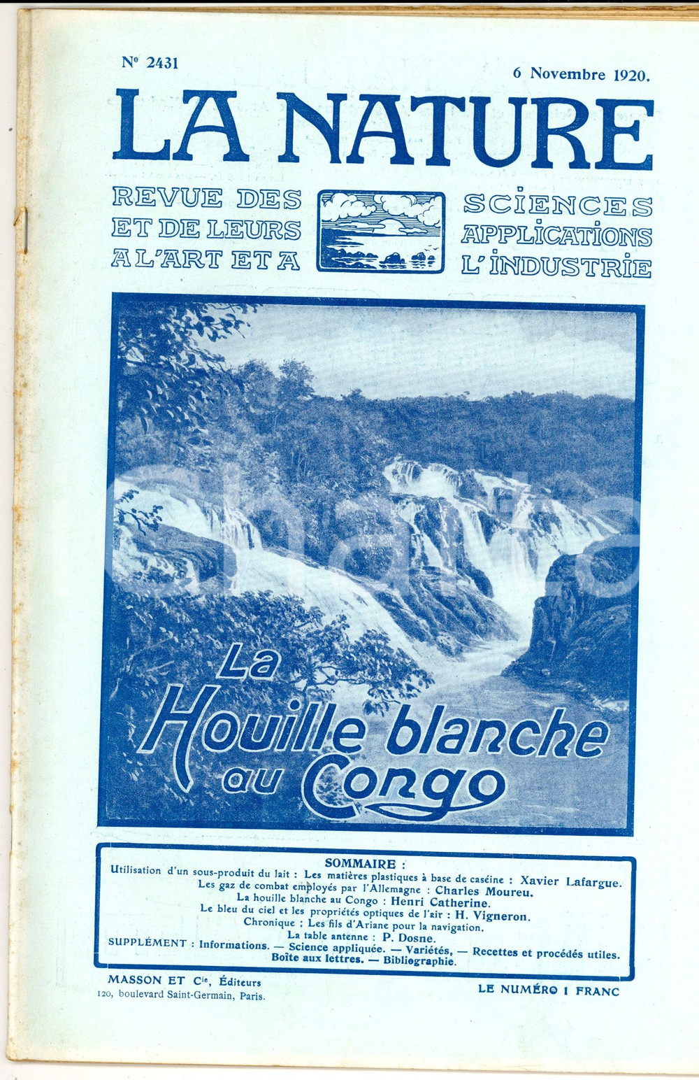 Giornale, rivista storica 1920 LA NATURE La houille blanche au Congo Revue ILLUSTREE SCIENCE nÂ° 2431 1