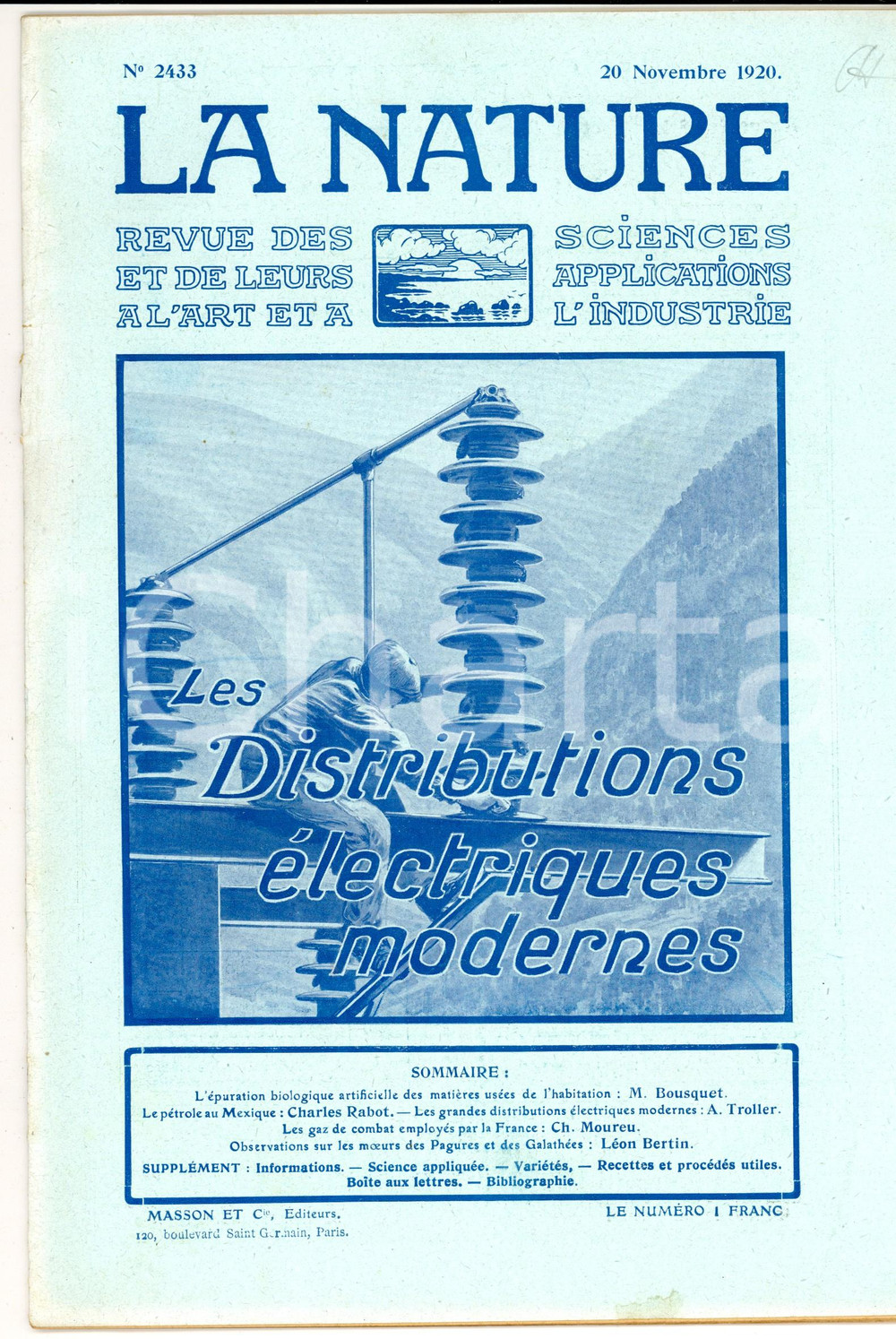 Giornale, rivista storica 1920 LA NATURE Distributions Ã©lectriques modernes Revue ILLUSTREE nÂ° 2433 1