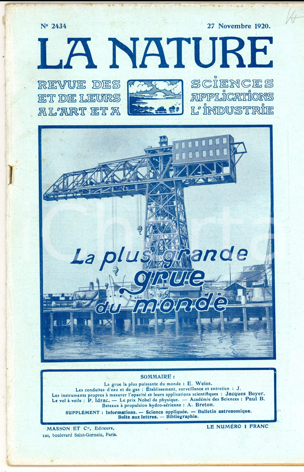 Giornale, rivista storica 1920 LA NATURE La plus grande grue du monde Revue ILLUSTREE SCIENCE nÂ° 2434 1