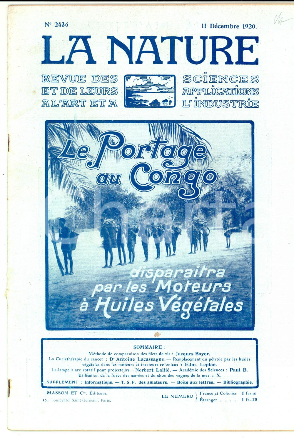 Giornale, rivista storica 1920 LA NATURE Huiles vÃ©gÃ©tales dans les tracteurs coloniales Revue nÂ° 2436 1