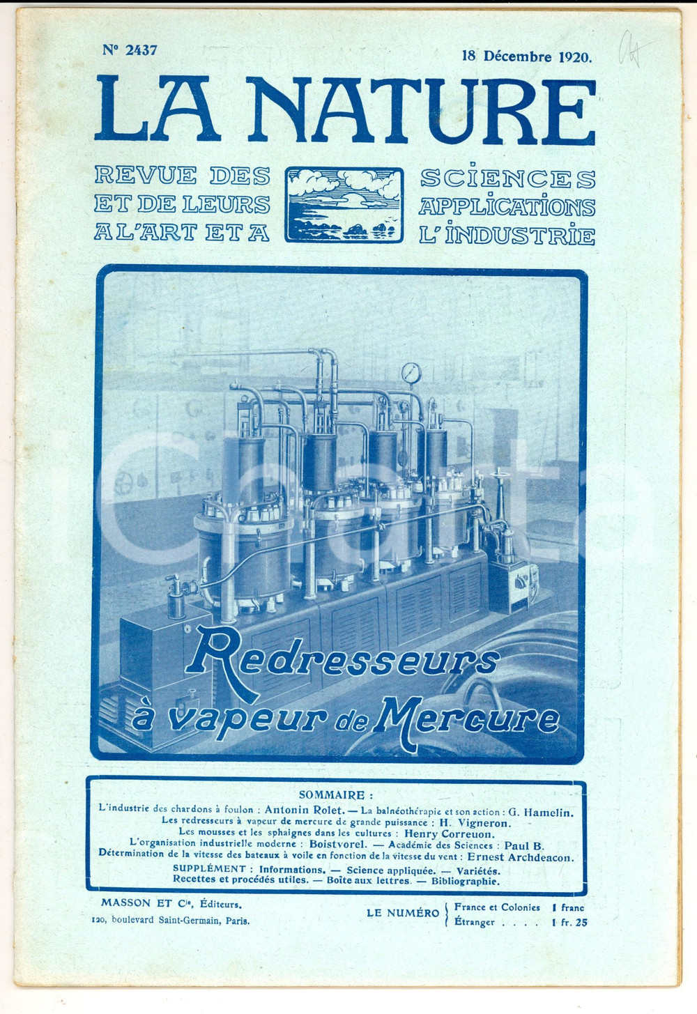 Giornale, rivista storica 1920 LA NATURE Redresseurs Ã  vapeur de mercure Revue ILLUSTREE nÂ° 2437 1