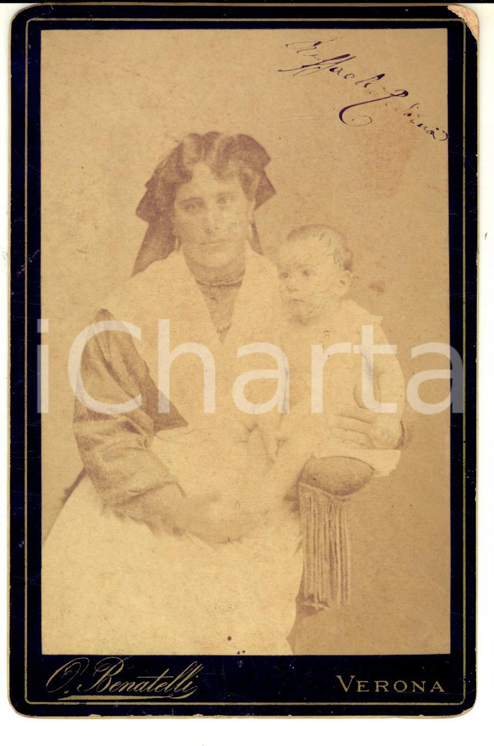 Fotografia d epoca originale 1890 VERONA Ritratto del piccolo Raffaele PEDRINA con la balia Foto BENATELLI 1