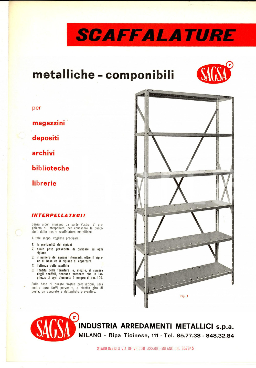 Materiale pubblicitario d’epoca 1965 MILANO Ditta SAGSA Arredamenti metallici Catalogo scaffalature ILLUSTRATO 1