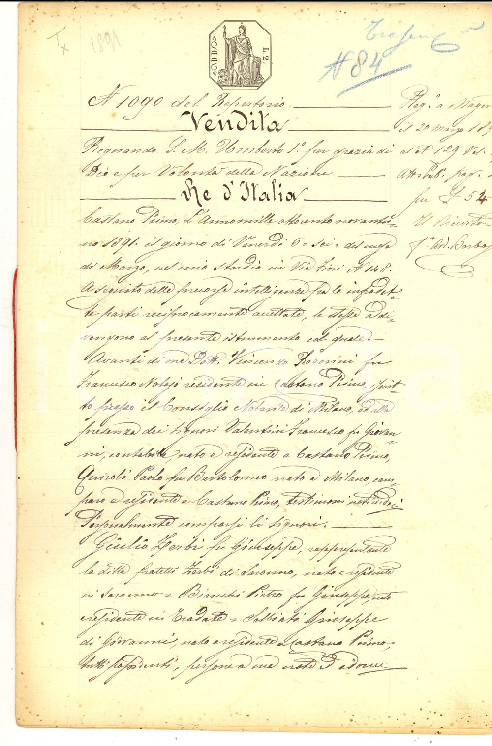 Documento originale, autentico 1891 CASTANO PRIMO MI Giulio ZERBI e Pietro BIANCHI vendono la vigna MADONNA 1