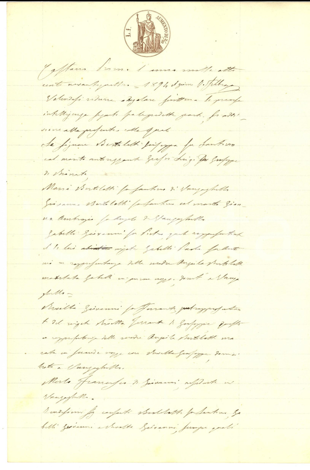 Documento originale, autentico 1894 VANZAGHELLO Famiglia BERTOLETTI vende terra a Francesco MERLO Manoscritto 1