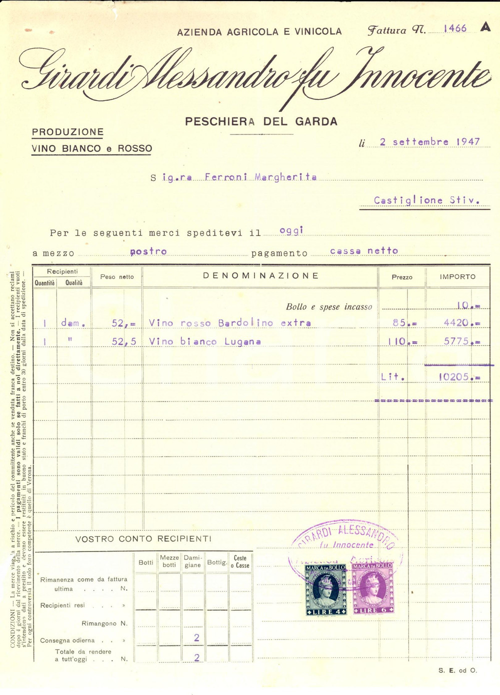 Documento originale, autentico 1947 PESCHIERA DEL GARDA Ditta Alessandro GIRARDI Fattura intestata per vino 1