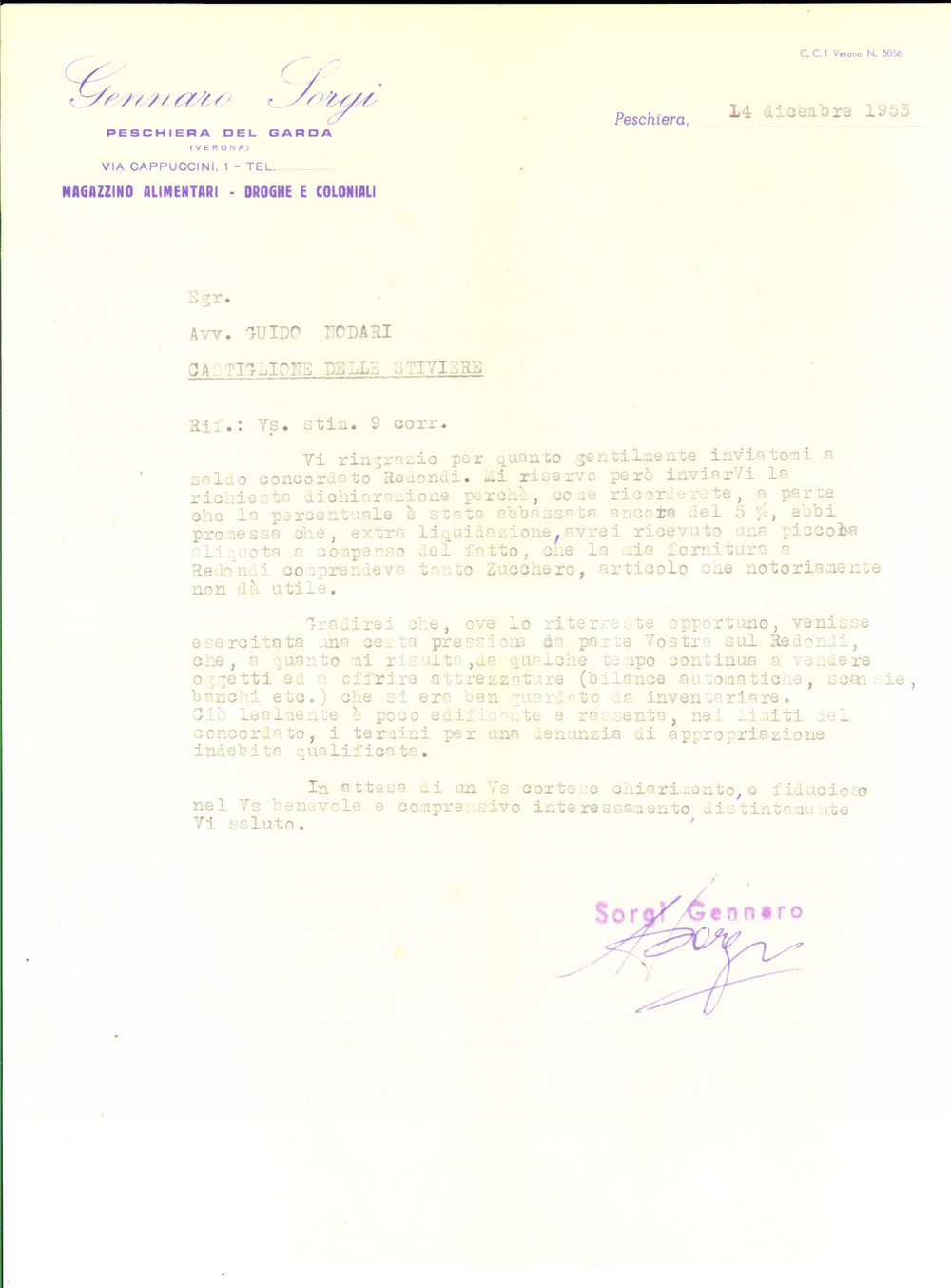 Documento originale, autentico 1953 PESCHIERA DEL GARDA Gennaro SORGI Magazzino alimentari Lettera intestata 1