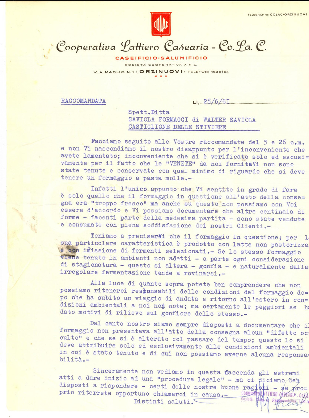 Documento originale, autentico 1961 ORZINUOVI Cooperativa lattiero casearia CO. LA. C. Reclami su formaggi 1
