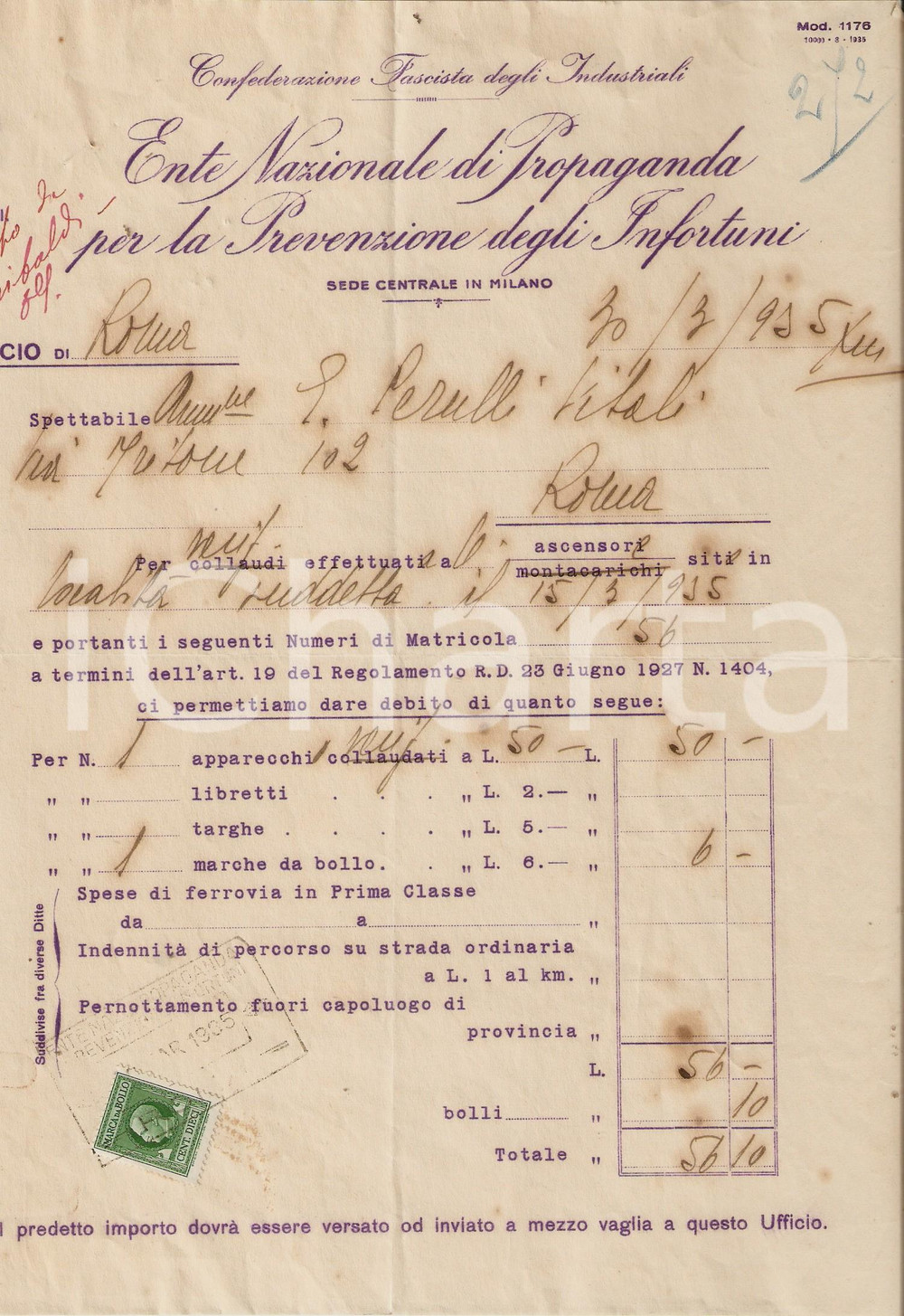 Documento originale, autentico 1935 ROMA Ente Nazionale Propaganda Infortuni  Lettera per collaudo ascensori 1