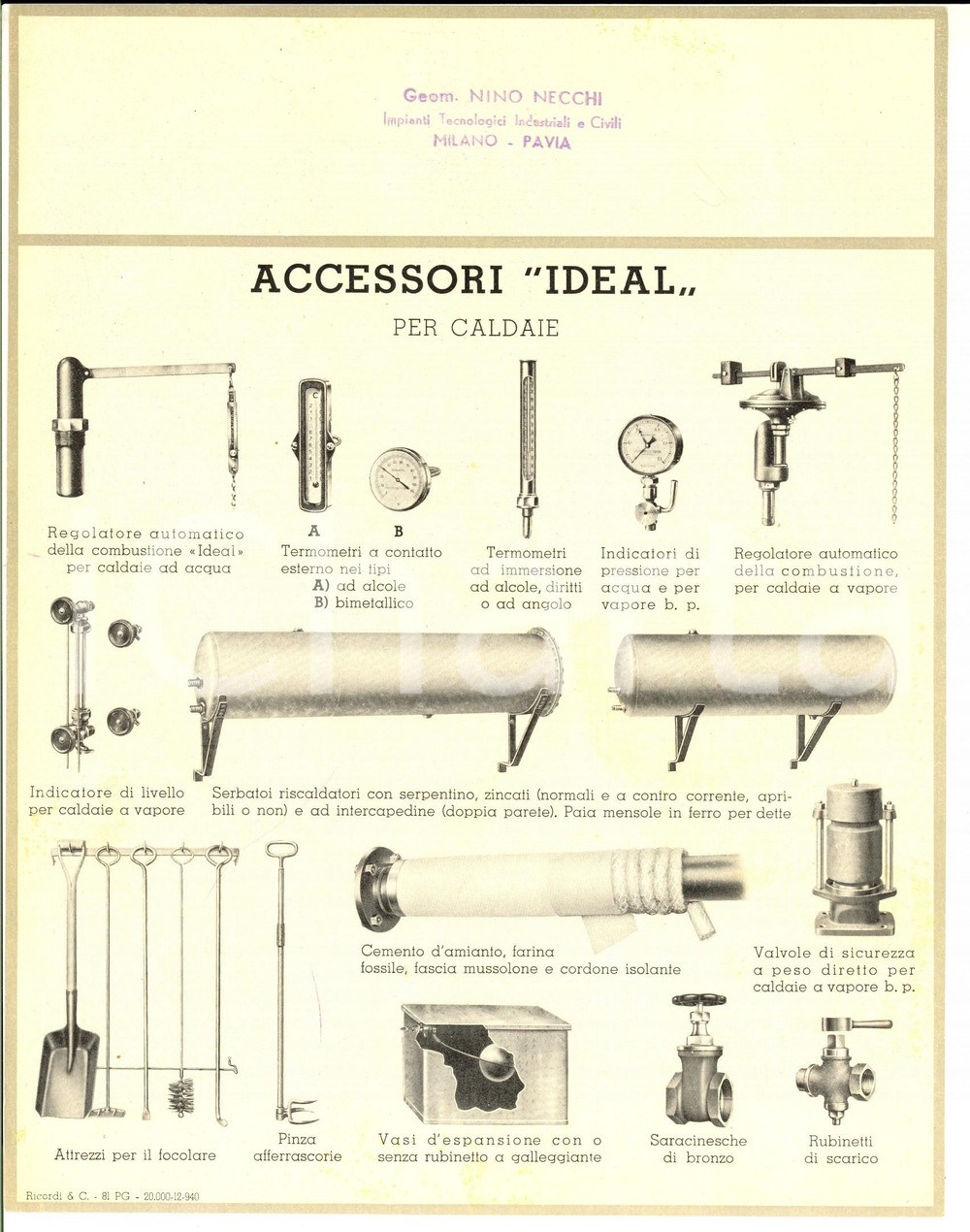 Materiale pubblicitario d’epoca 1940 PAVIA Geom. Nino NECCHI Accessori IDEAL per caldaie Scheda ILLUSTRATA 1