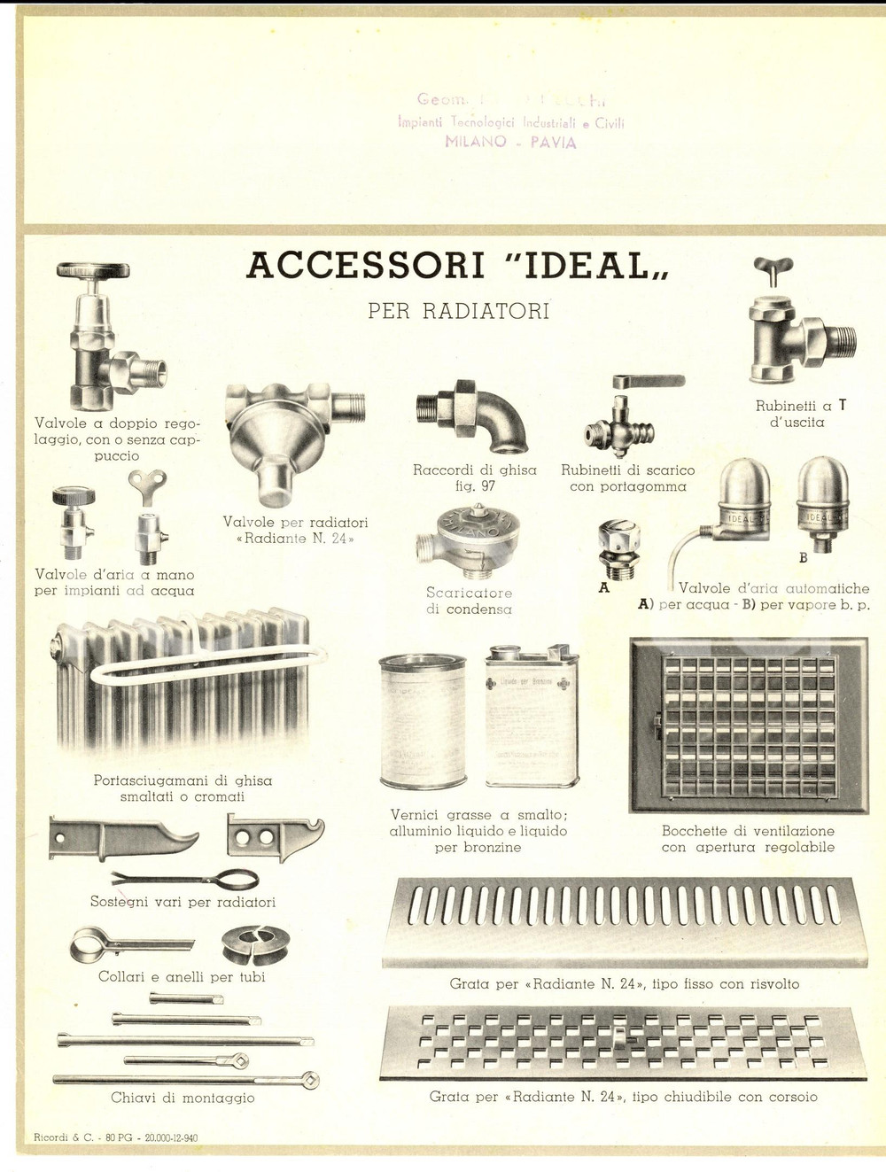 Materiale pubblicitario d’epoca 1940 PAVIA Geom. Nino NECCHI Accessori IDEAL per radiatori Scheda ILLUSTRATA 1