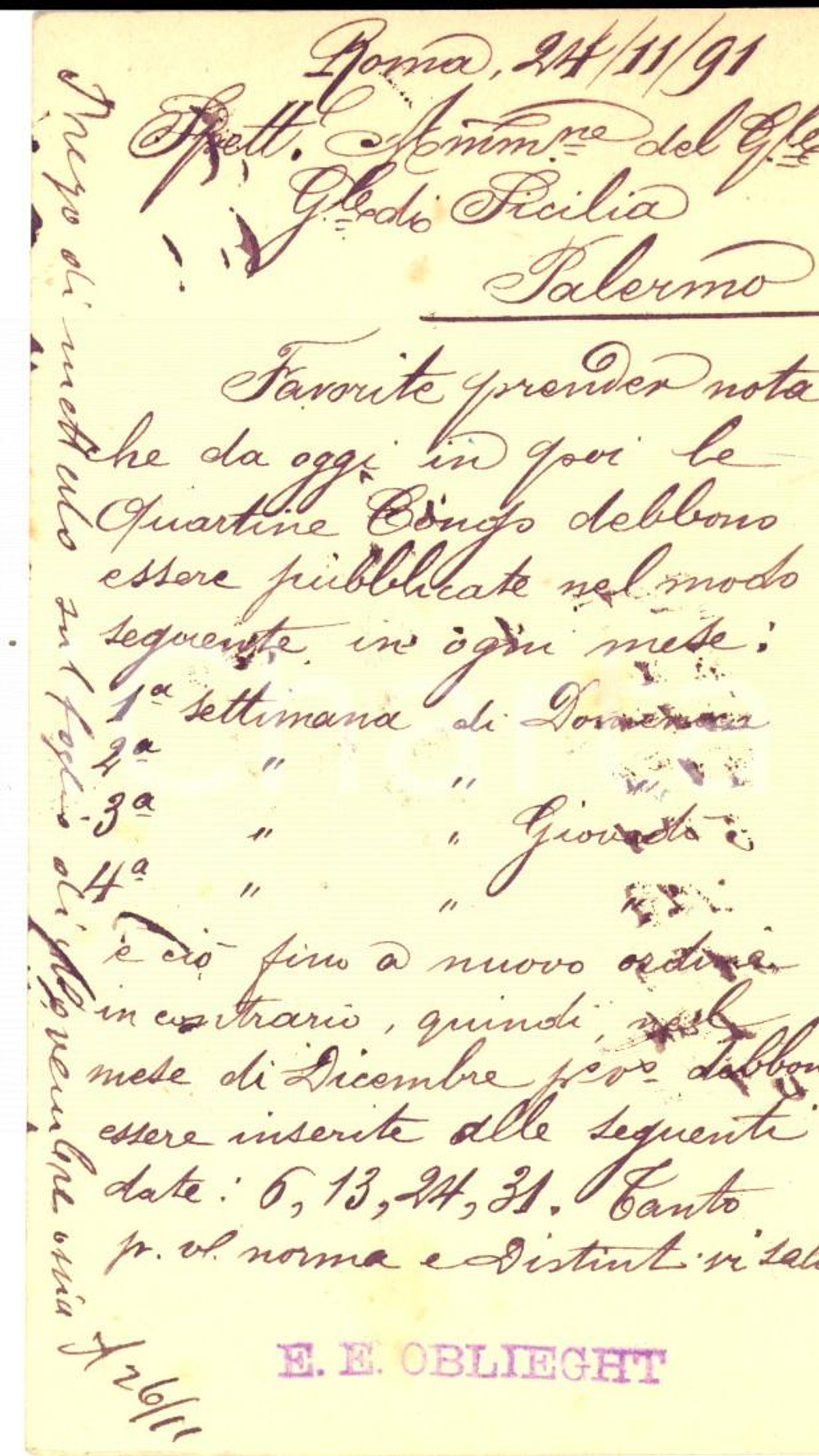 Cartolina originale da collezione 1891 ROMA Cartolina postale ditta E. E. OBLIEGHT al GIORNALE DI SICILIA FP VG 1