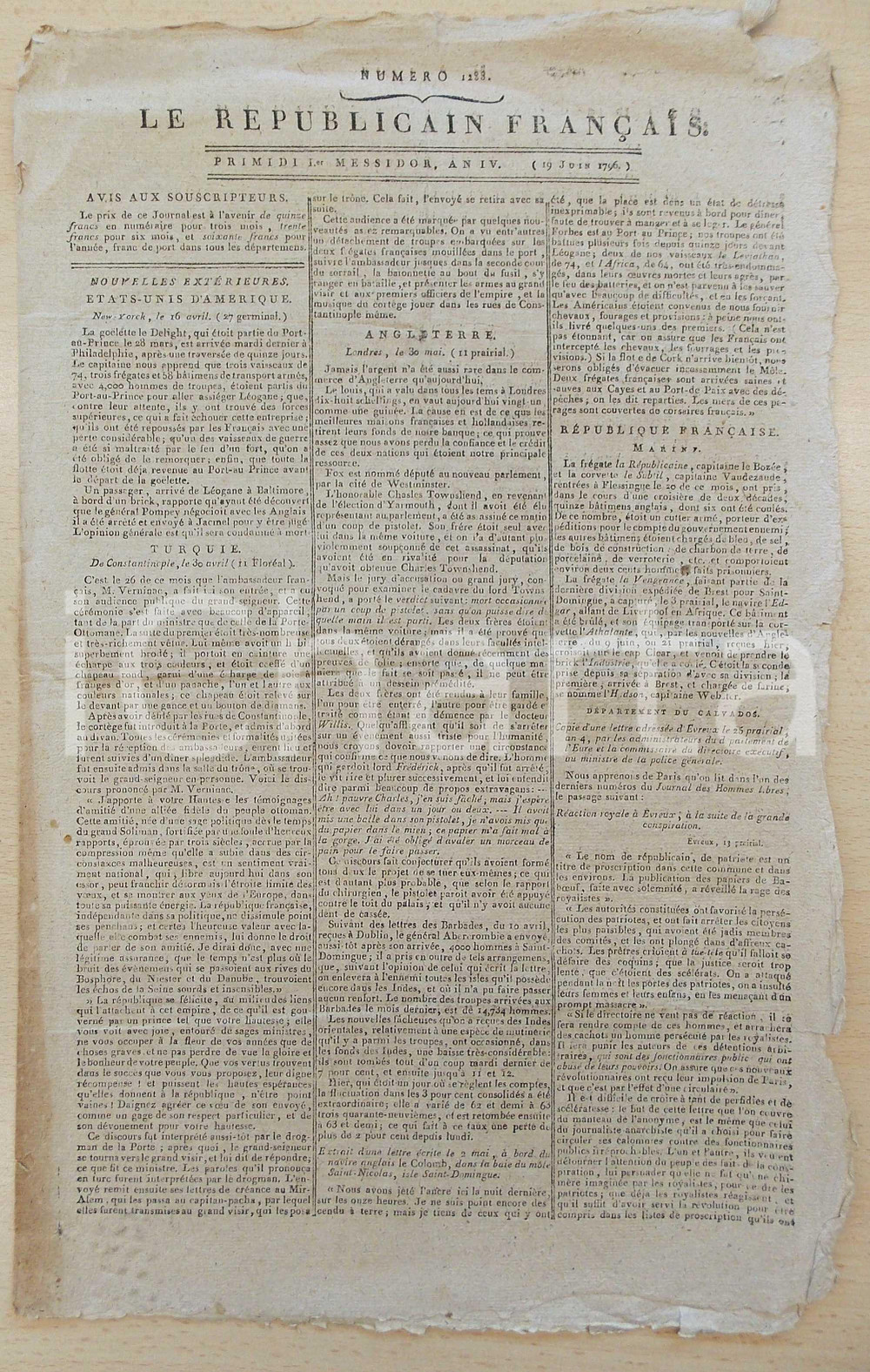 Giornale, rivista storica 1796 LE REPUBLICAIN FRANCAIS Gazette REVOLUTION NÂ° 1288 VERNINAC in Turchia 1