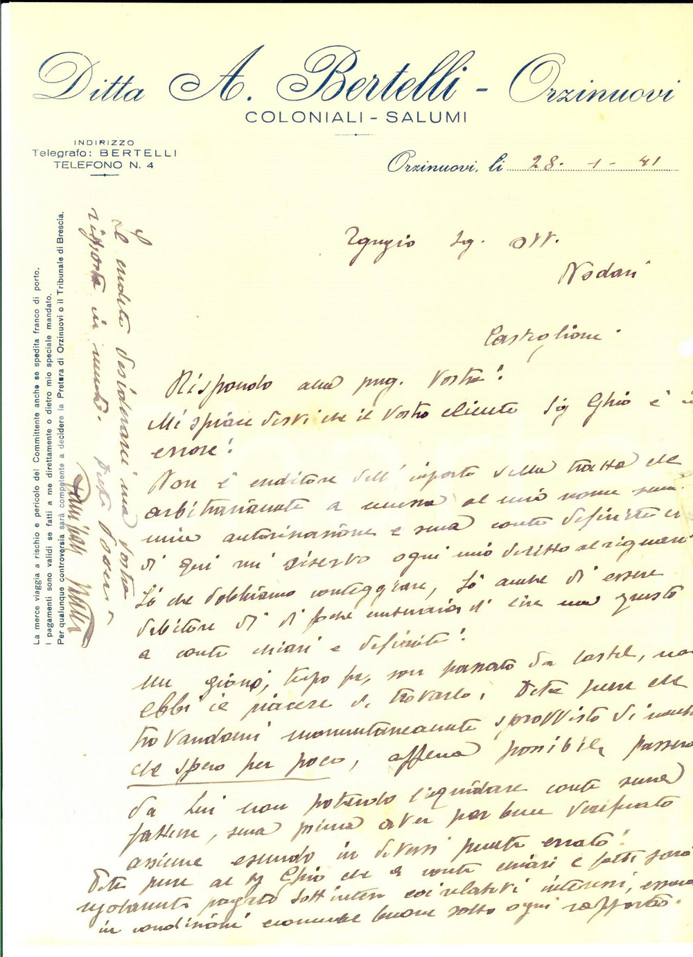 Manoscritto, lettera originale 1941 ORZINUOVI BS Ditta A. BERTELLI Coloniali e salumi Lettera intestata 1