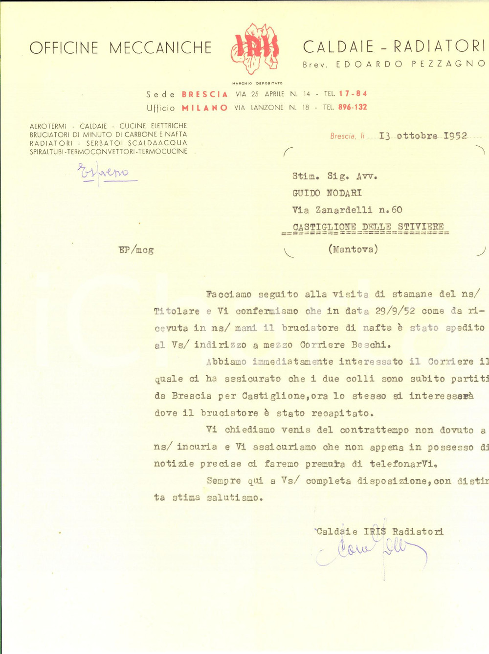 Documento originale, autentico 1952 BRESCIA Officine meccaniche IRIS Caldaie e radiatori Lettera intestata 1