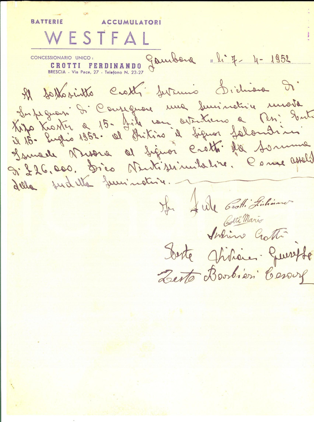 Documento originale, autentico 1952 GAMBARA Officina CROTTI Severino consegna seminatrice Batterie WESTFAL 1