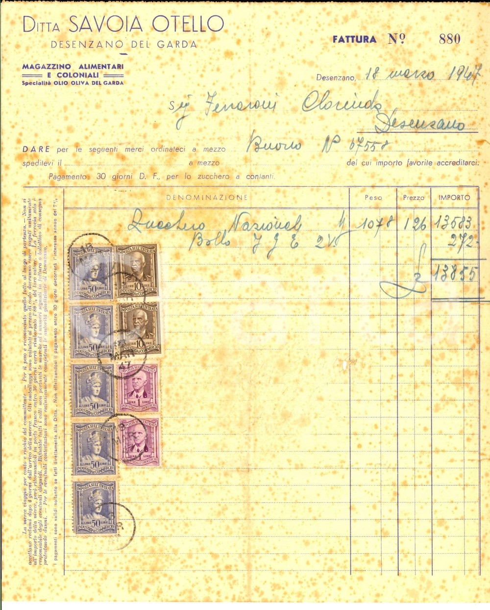 Documento originale, autentico 1947 DESENZANO DEL GARDA BS Ditta SAVOIA Otello coloniali Fattura intestata 1