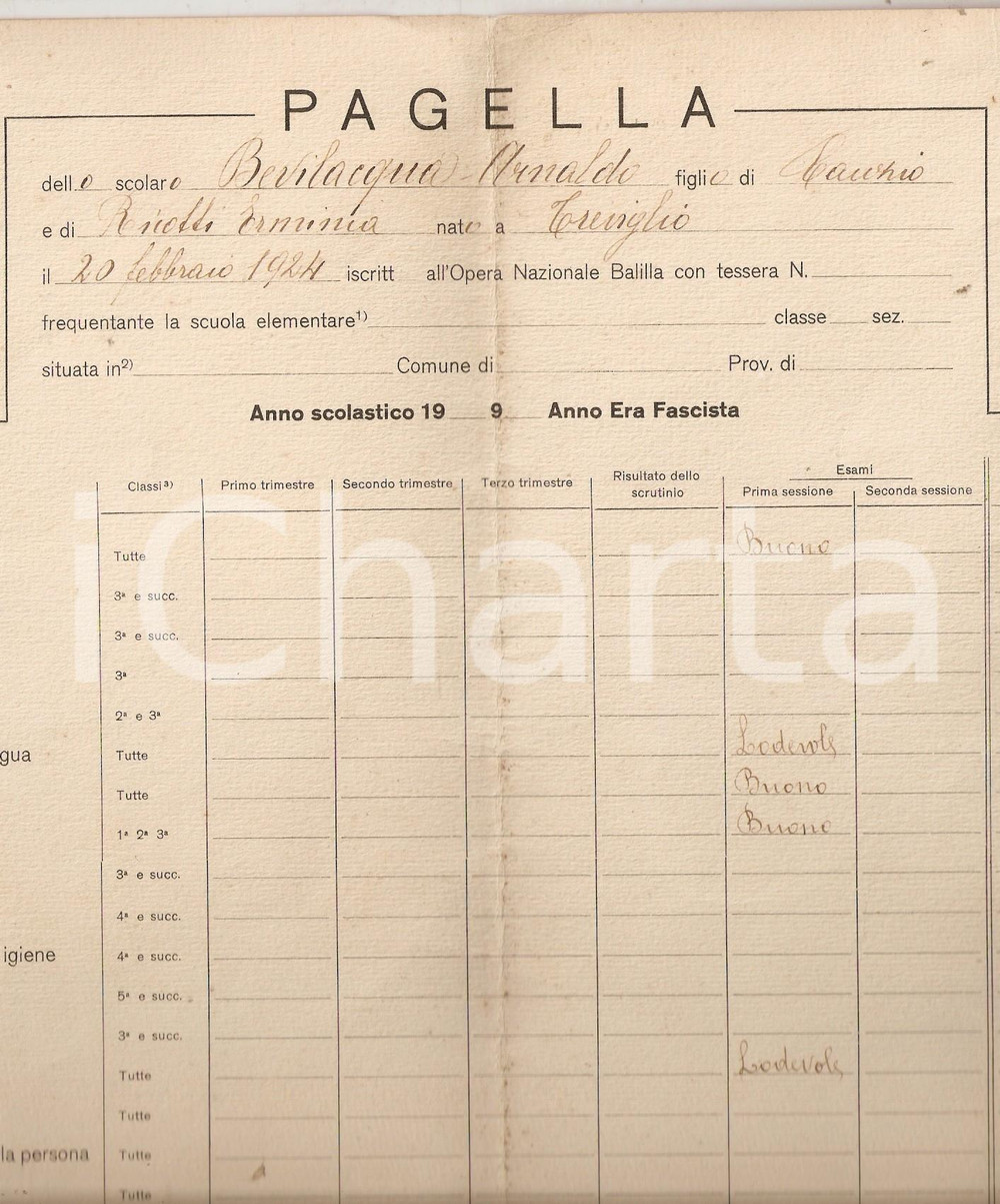Oggetto da collezione cartaceo 1930 ONB TREVIGLIO BG Scuola elementare Pagella di Arnaldo BEVILACQUA 1