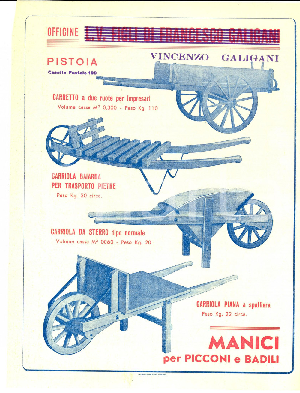 Materiale pubblicitario d’epoca 1955 ca PISTOIA Officine Vincenzo GALIGANI carriole per imprese Pubblicitario 1