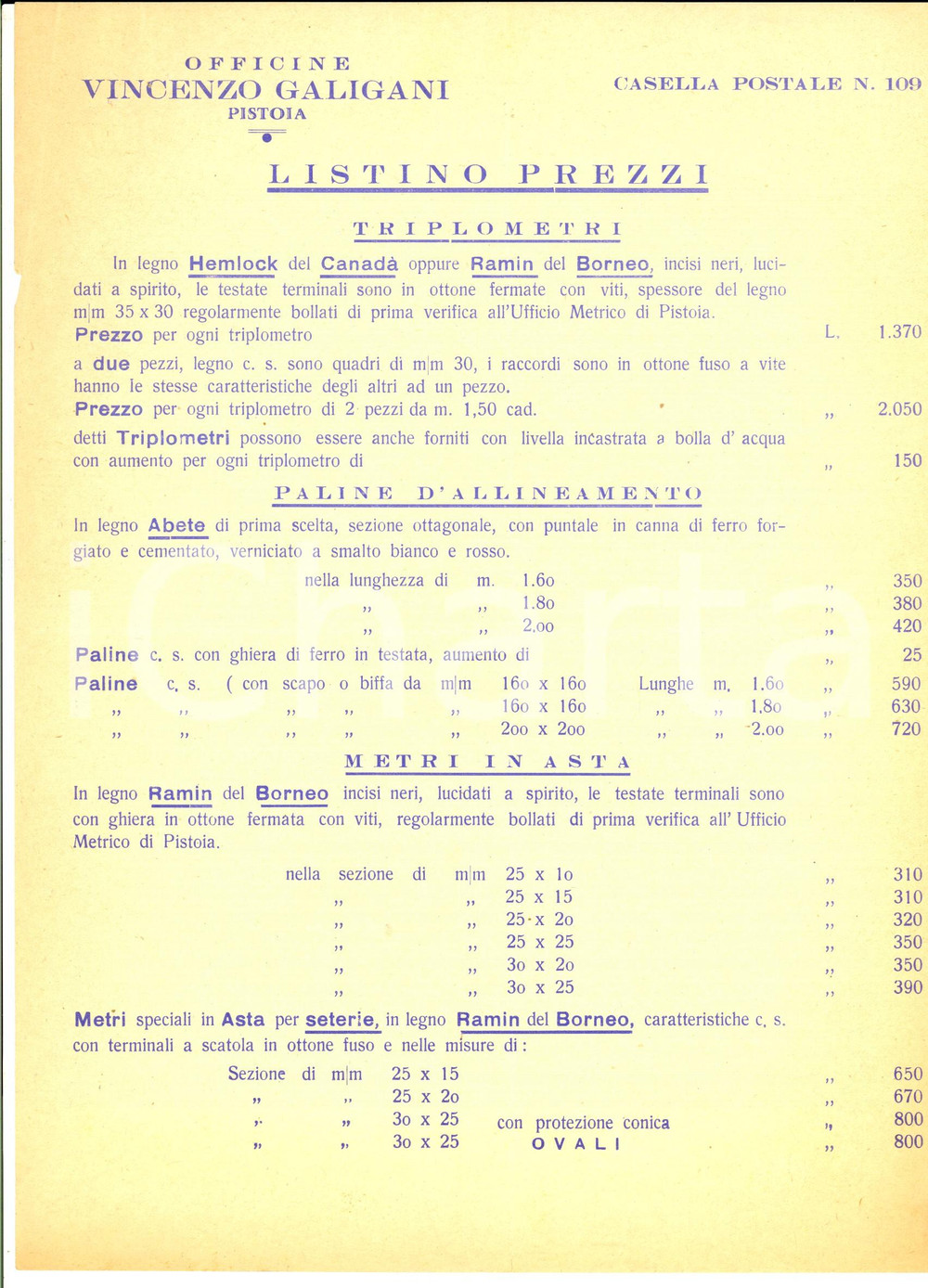 Materiale pubblicitario d’epoca 1955 ca PISTOIA Officine Vincenzo GALIGANI Listino prezzi triplometri e paline 1