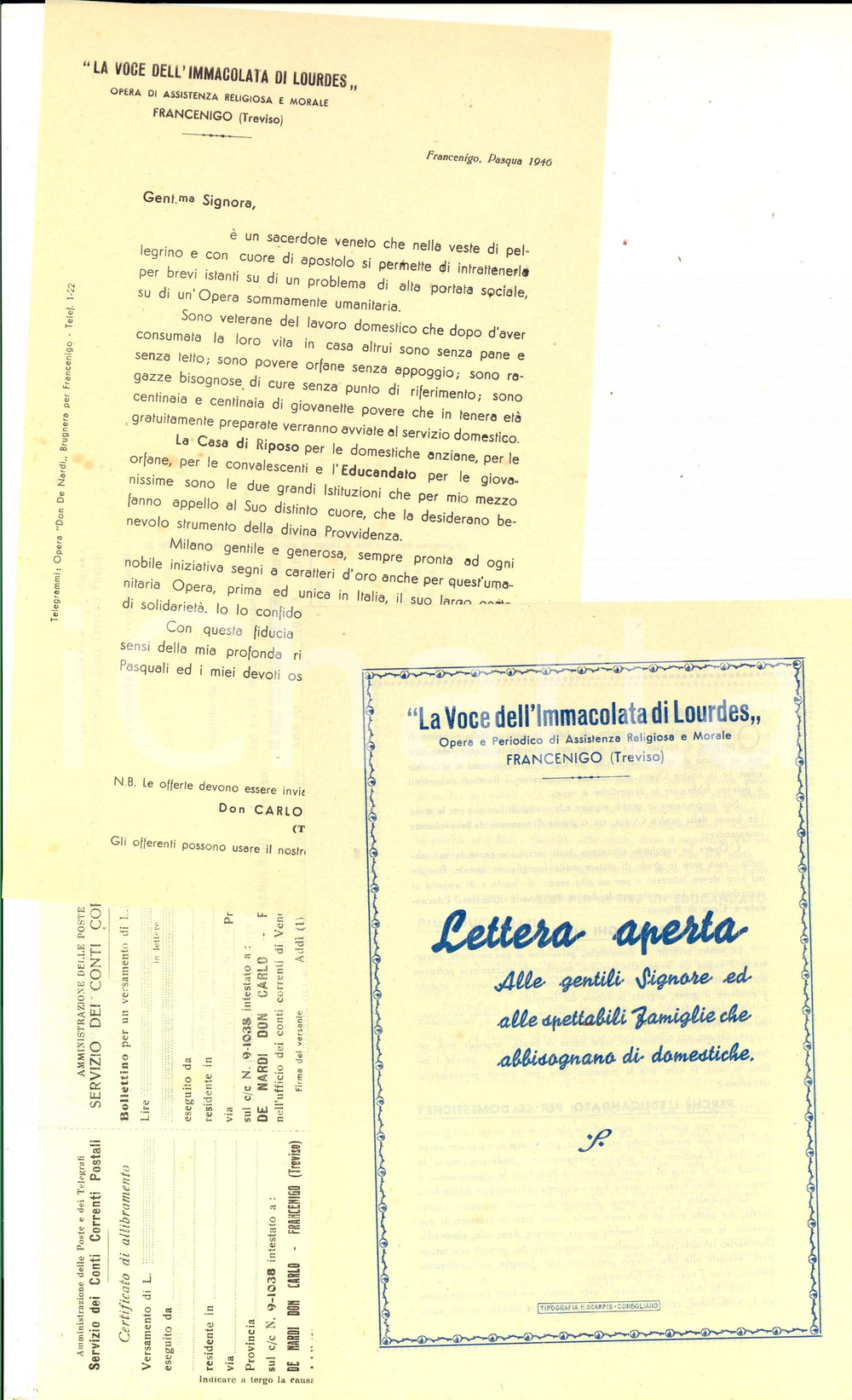 Documento originale, autentico 1946 FRANCENIGO TV Casa di riposo domestiche anziane La Voce dell Immacolata 1