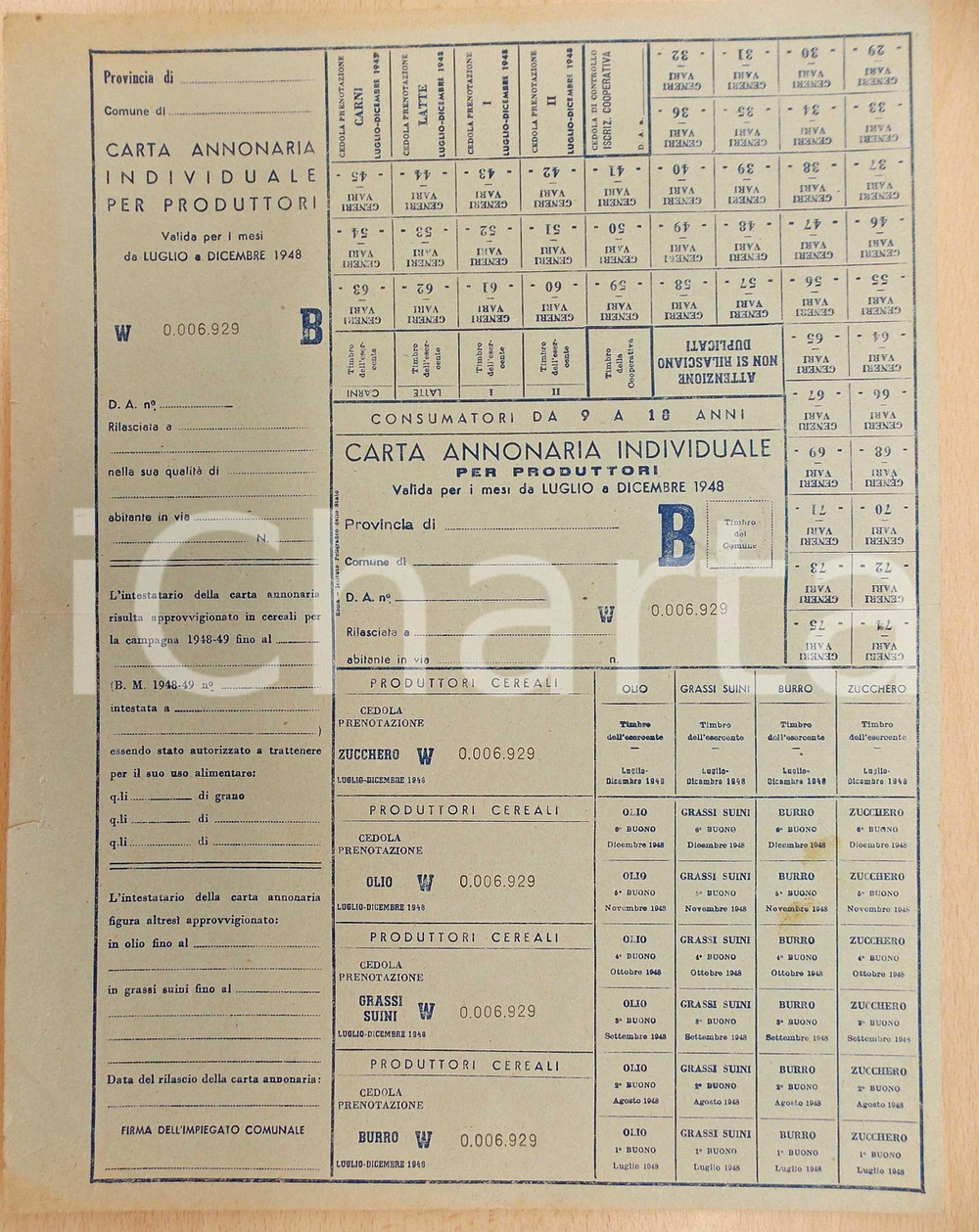 Documento originale, autentico 1948 Carta annonaria individuale per produttori  Cereali olio burro zucchero 1