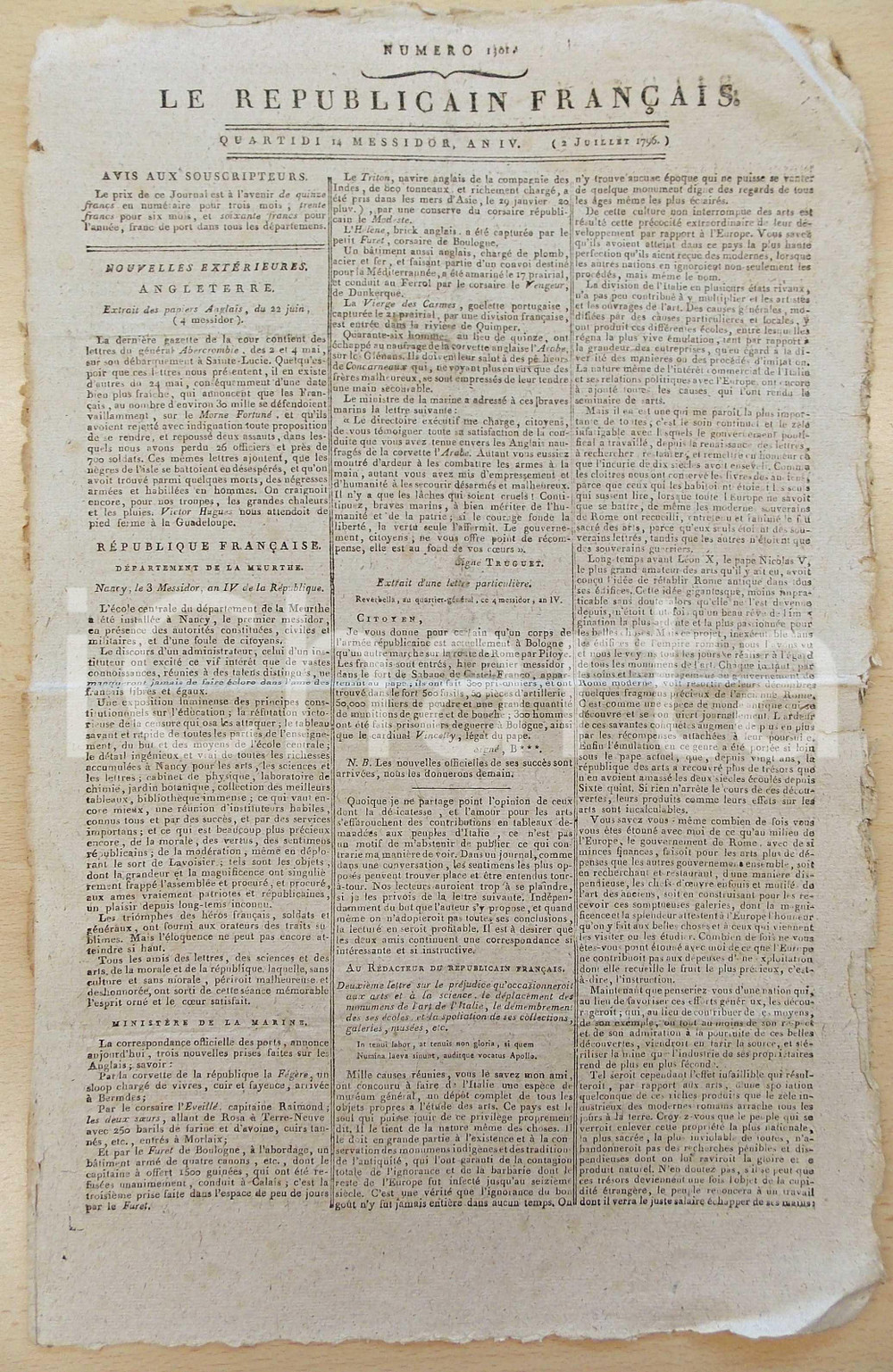 1796 LE REPUBLICAIN FRANCAIS Gazette REVOLUTION N° 1301 Tribunal à Bruxelles