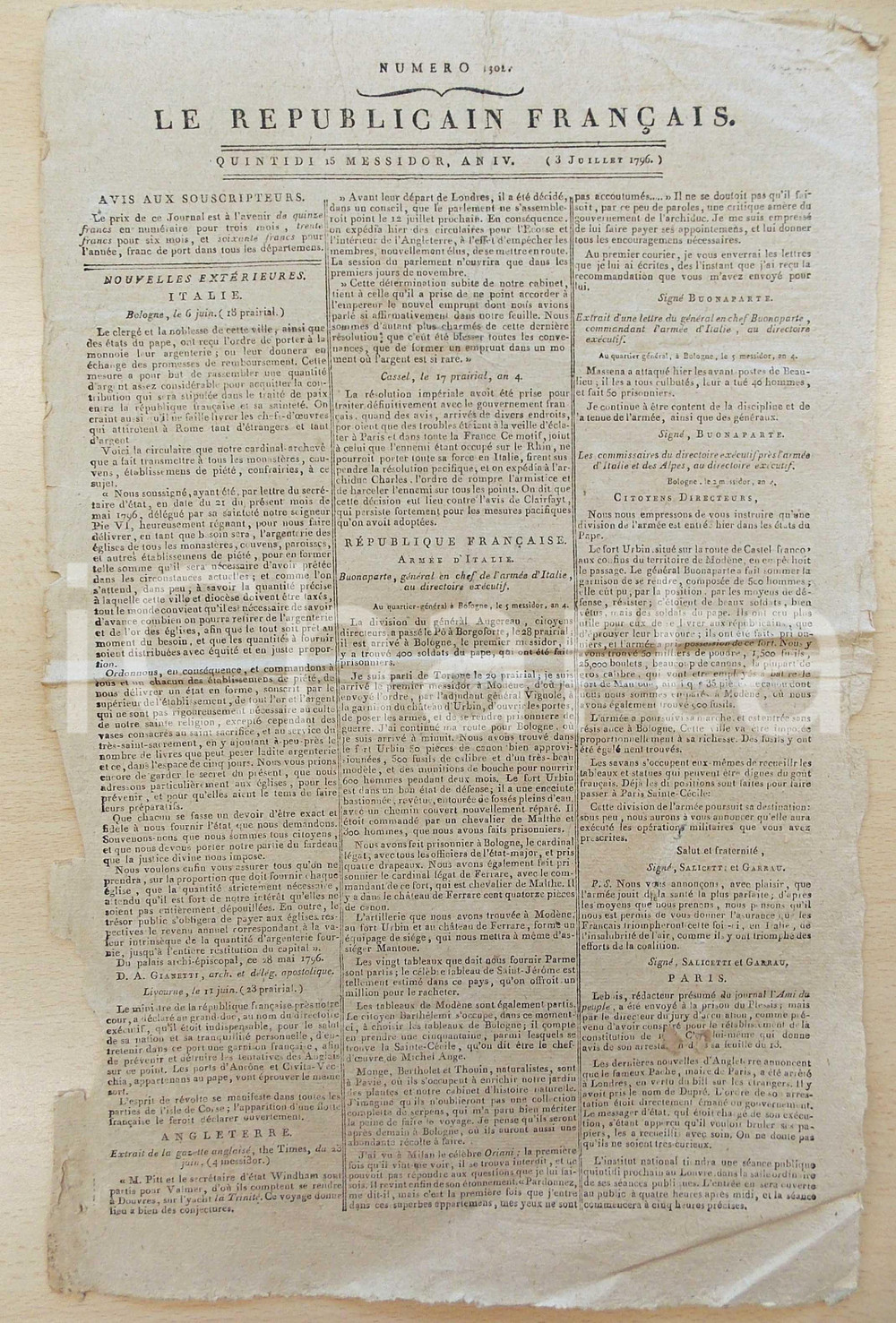 Giornale, rivista storica 1796 LE REPUBLICAIN FRANCAIS Gazette REVOLUTION NÂ° 1302 NapolÃ©on au directoire 1