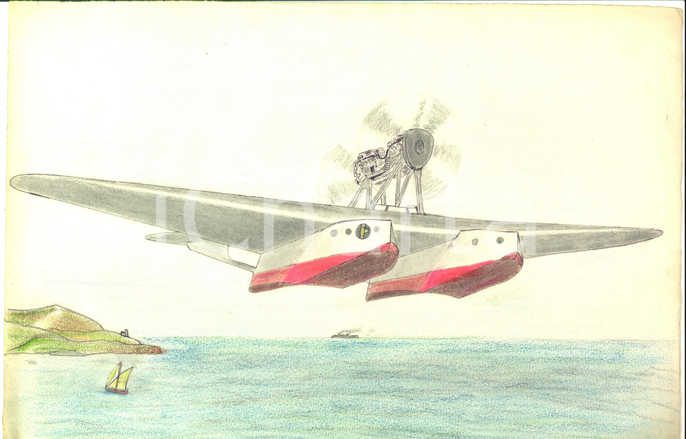 Opera d’arte autentica 1950 ca ARTE Un aeroplano in volo sul mare Disegno C. BAROLA su carta 1